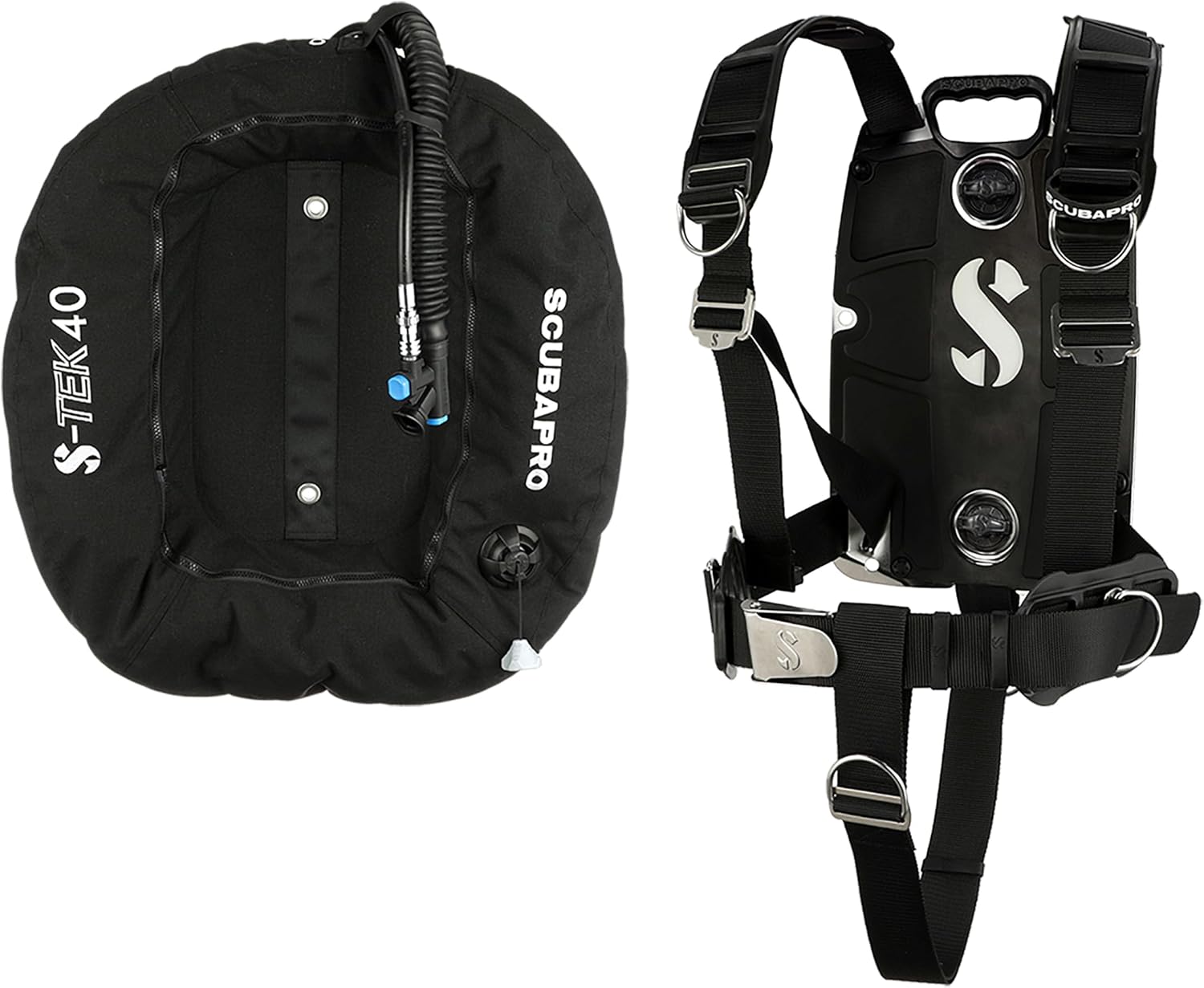 SCUBAPRO S-Tek Pro System for Technical Scuba Diving, Harness with Back Plate in Stainless Steel, Donut Wing 40 lbs/18kg, Includes Black Color Kit