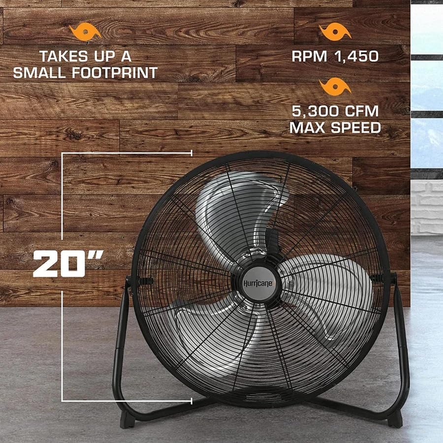 Hurricane Pro High Velocity Metal Blade Floor Fan, 3 Speeds, Black, 20in | Corded Electric Air Cooling Unit w/ 5300 CFM Airflow for Home, Greenhouses