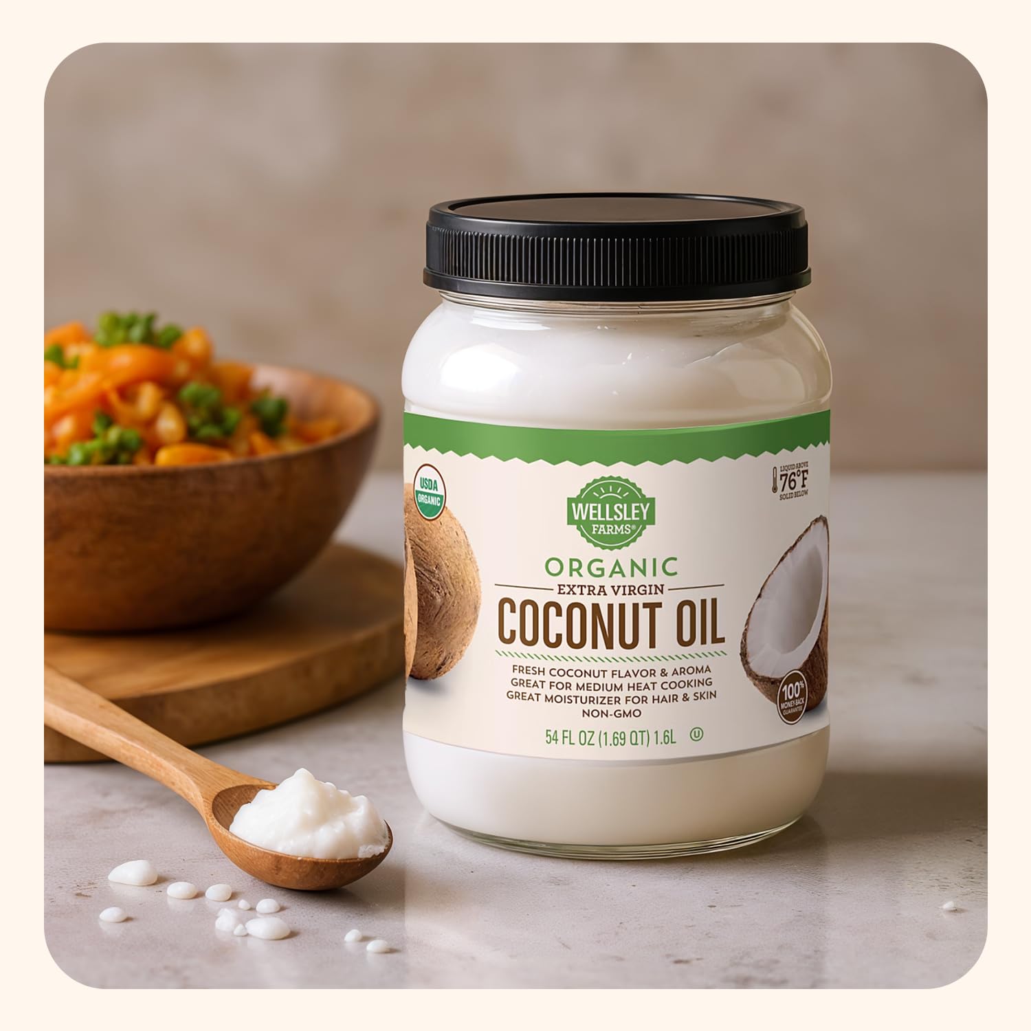 Wellsley Farms Organic Extra Virgin Coconut Oil - Unrefined, 100% Pure & Natural - Vegan, Non-GMO