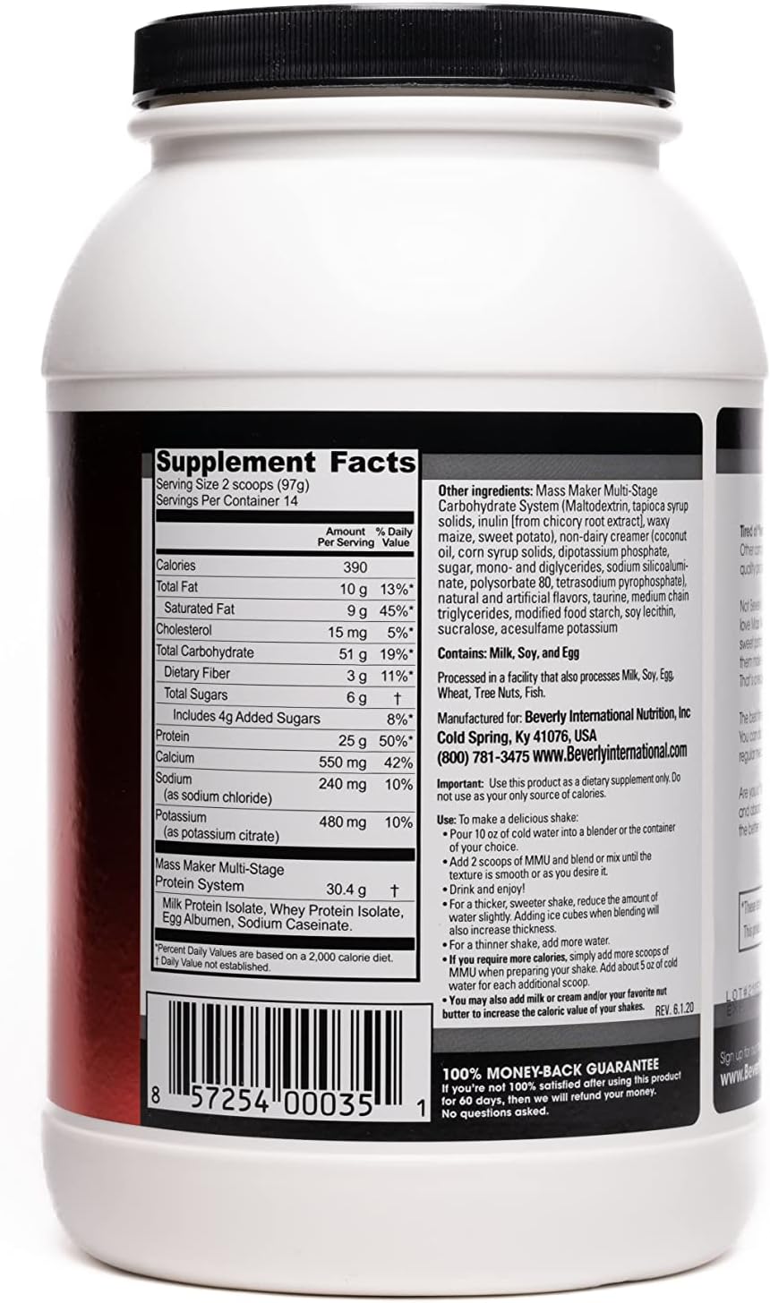 Beverly International Mass Maker Ultra, Vanilla, 14 Servings, 3 lb | Build Lean Mass, Milk Protein Isolate, Whey Protein Isolate + Egg, MCT Oil, Clean Carbs, Great Taste