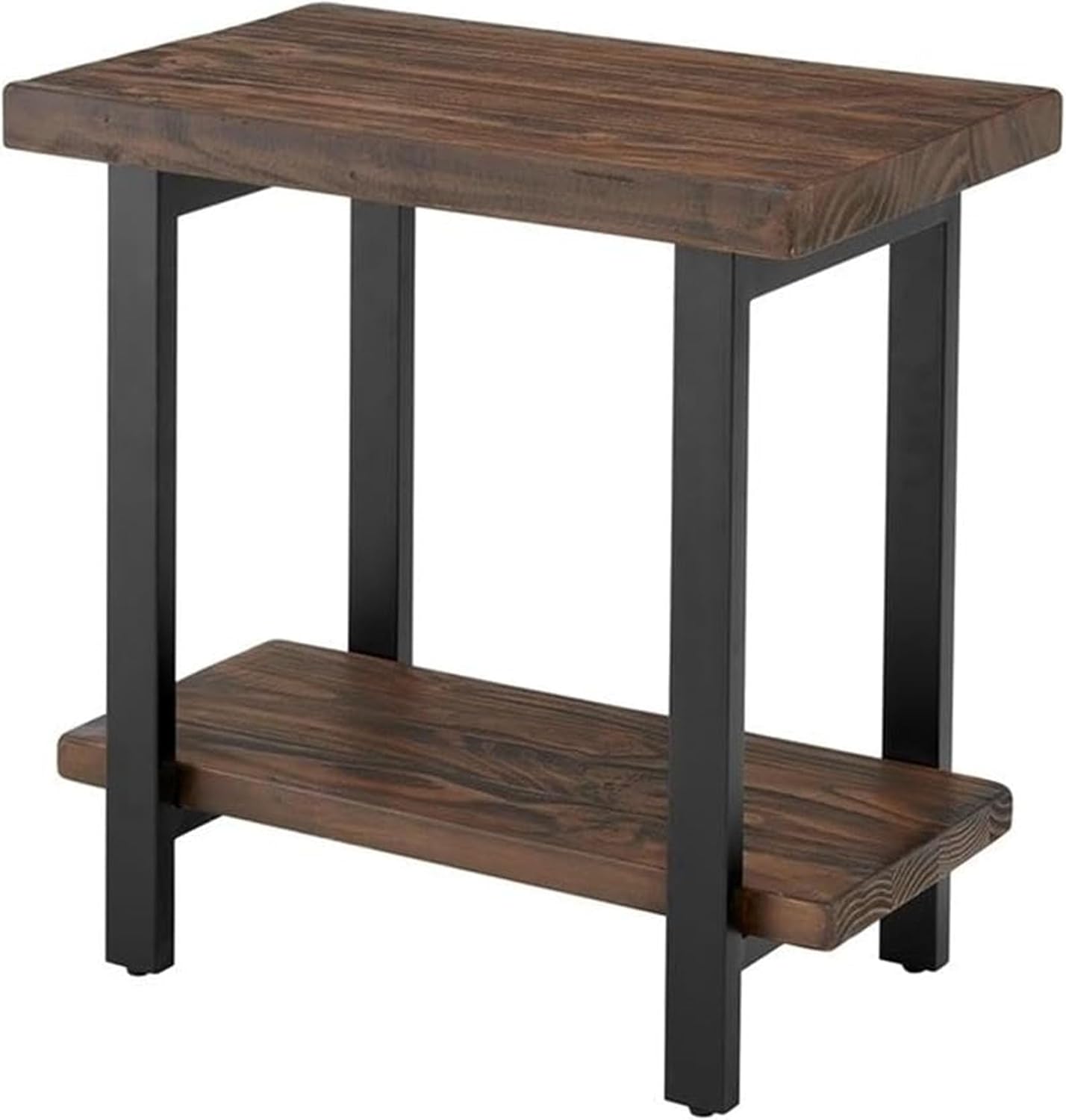 Alaterre Furniture Pomona Solid Wood 2-Tier End Table, Rustic Brown, 27” | Nightstand with Storage Shelf and Metal Legs, Industrial Farmhouse Chair Side Table for Living Room or Bedroom