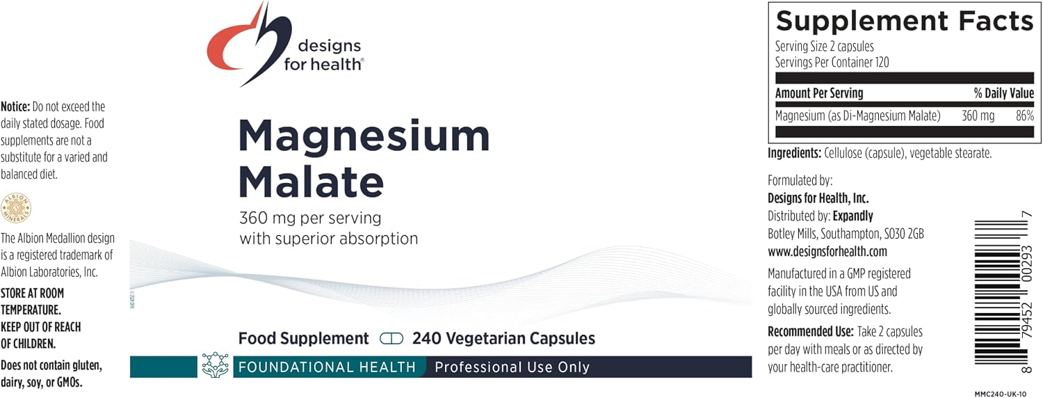 Designs for Health Magnesium Malate - Chelated Magnesium as Di Magnesium Malate - Highly Bioavailable Form to Support Energy, Bone Health + Muscle Recovery (120 Magnesium Malate Capsules)