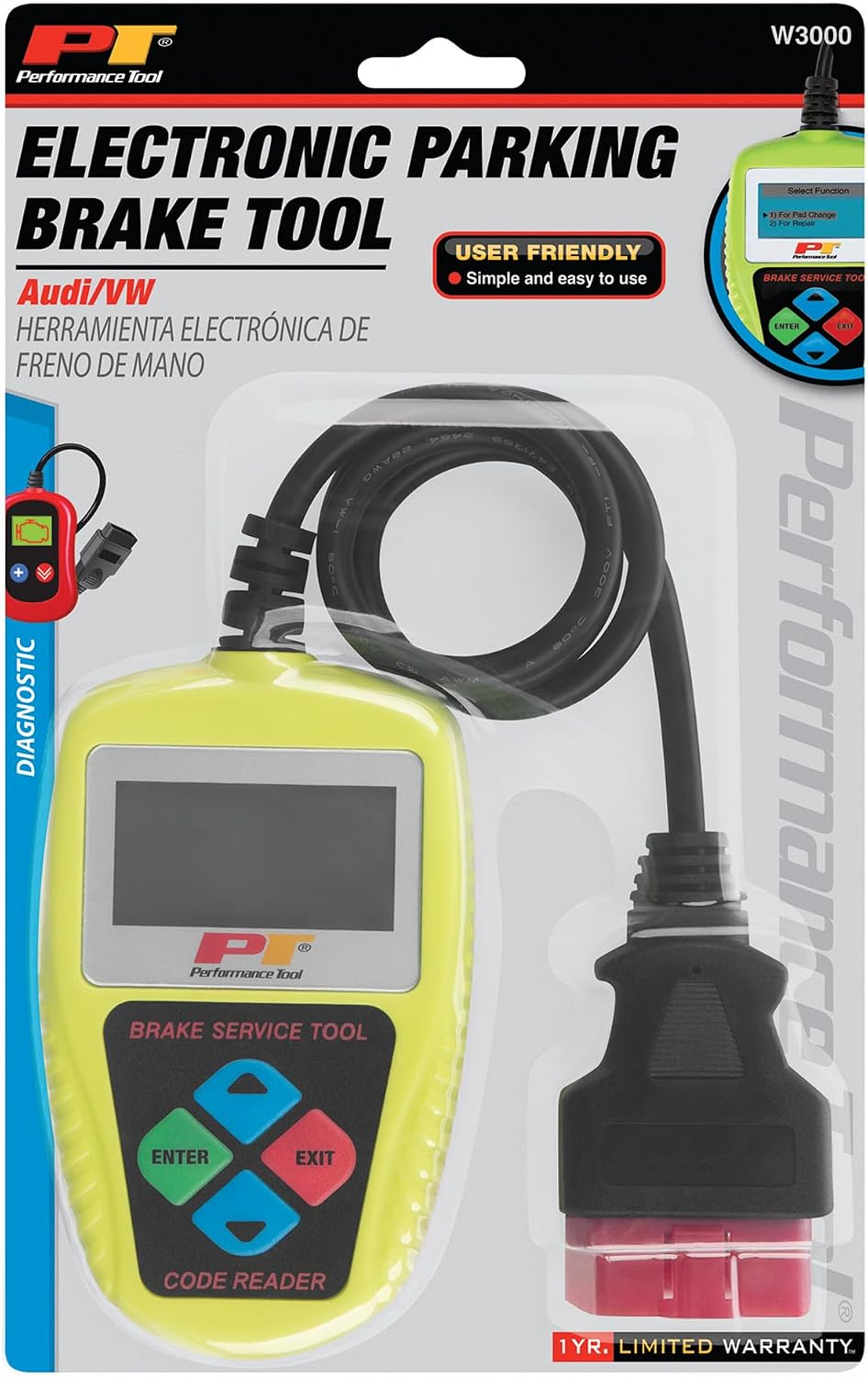 Performance Tool W3000 Automotive Electronic Parking Brake Tool | Reads diagnostic codes. Opens and closes calipers. Bleeds brakes. Works on VW, Audi