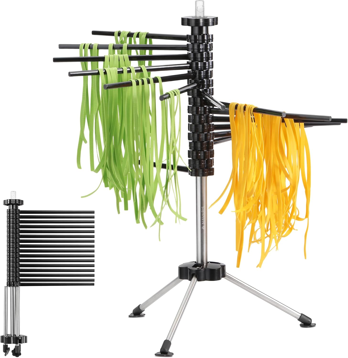Navaris Collapsible Pasta Drying Rack - Tall Compact Spaghetti Noodle Stand with 16 Plastic Rods - Fresh Pasta Making Accessories - up to 2 kg (4.5