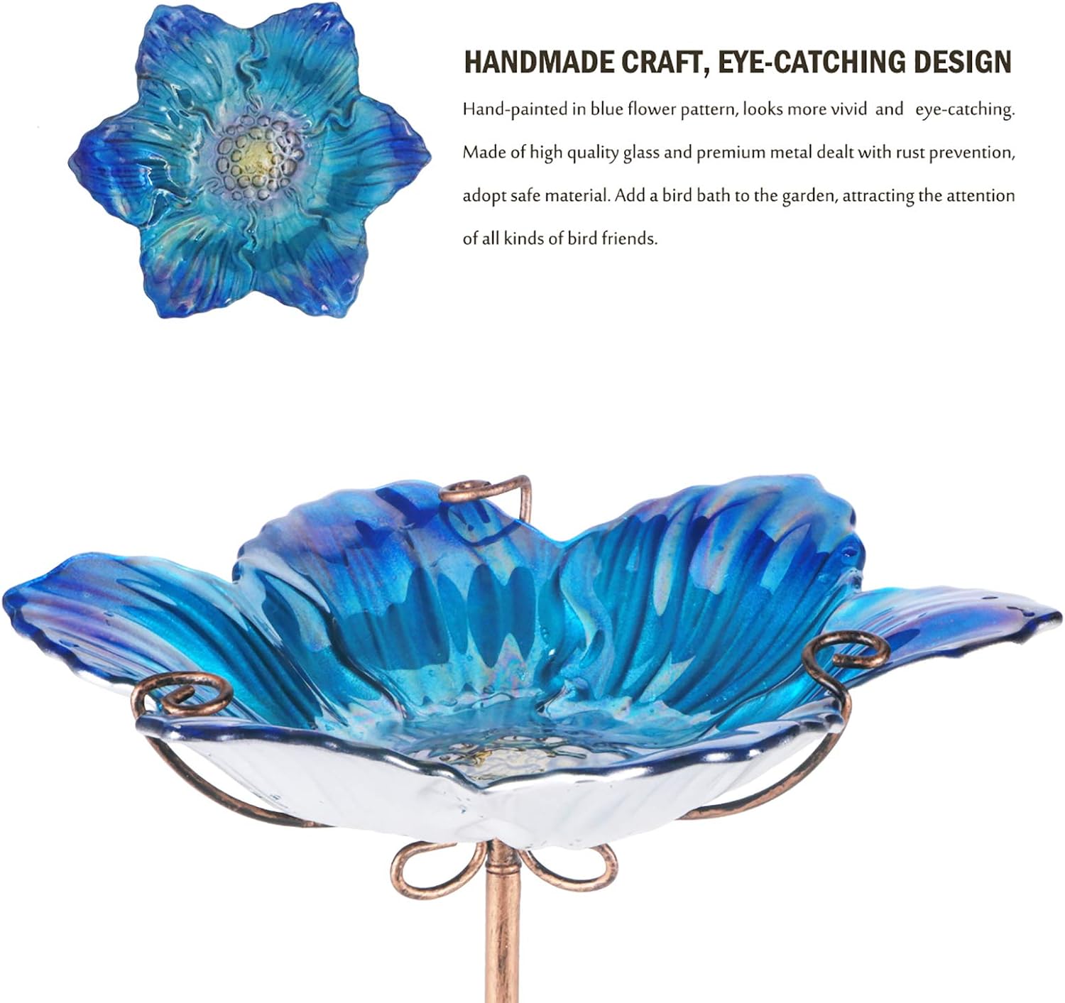 MUMTOP Glass Bird Bath Outdoor Birdfeeder Blue Flower Bowl with Metal Stake