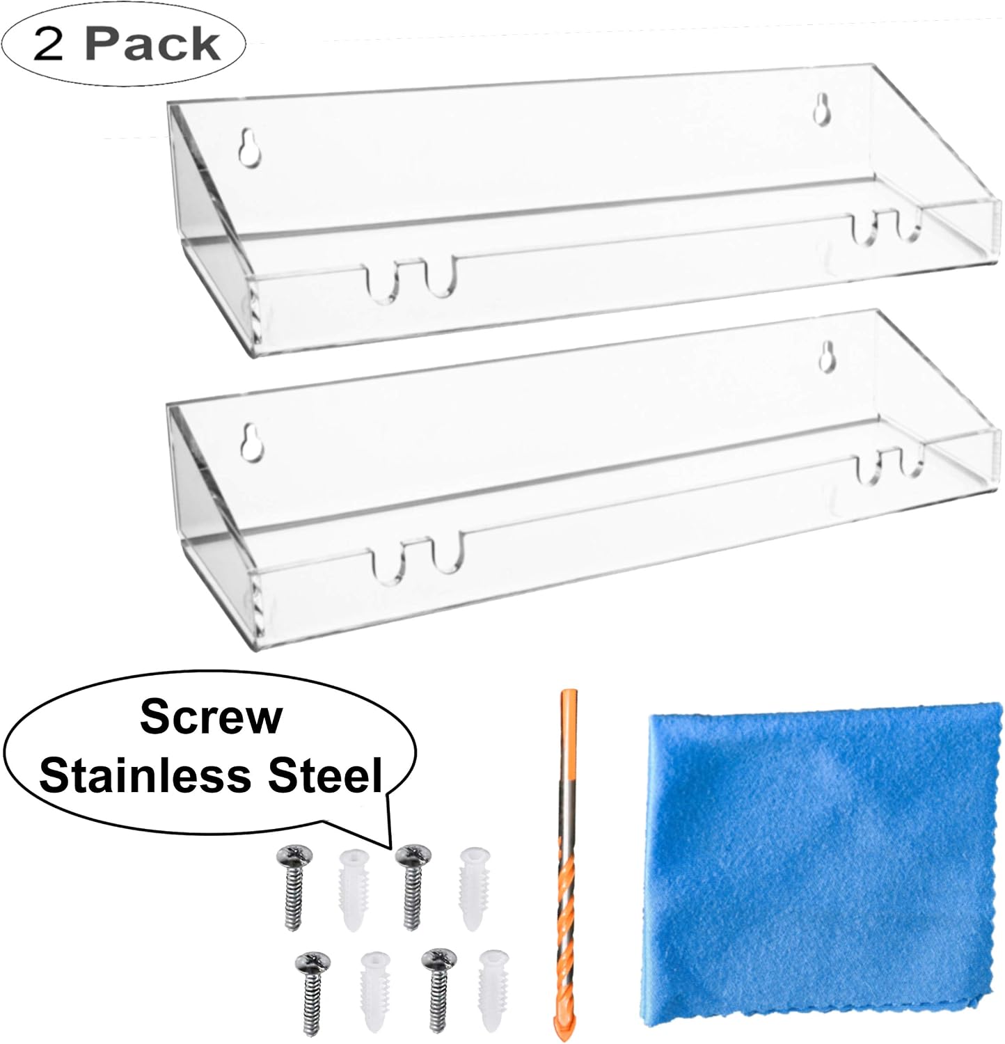 AMT 2 Pack Acrylic Floating Shelves, 15" L x 4" W, Clear Bathroom Wall, Bookshelves, Invisible Display for Office, Bedroom