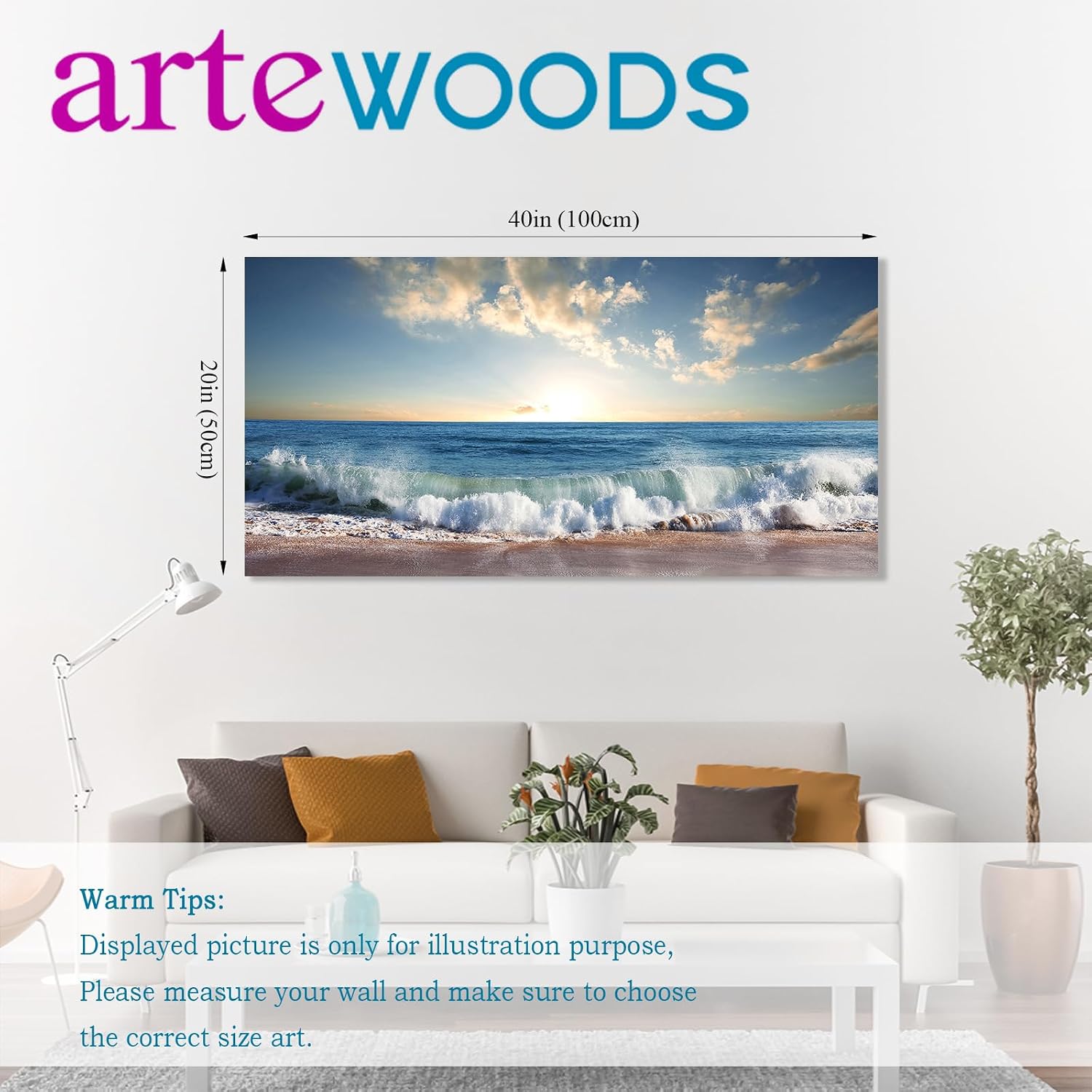 arteWOODS Ocean Wave Canvas Wall Art Beach Sunset Pictures Coastal Nature Artwork Blue Sea Painting Prints for Living Room Bedroom Home Office Decoration 20" x 40"