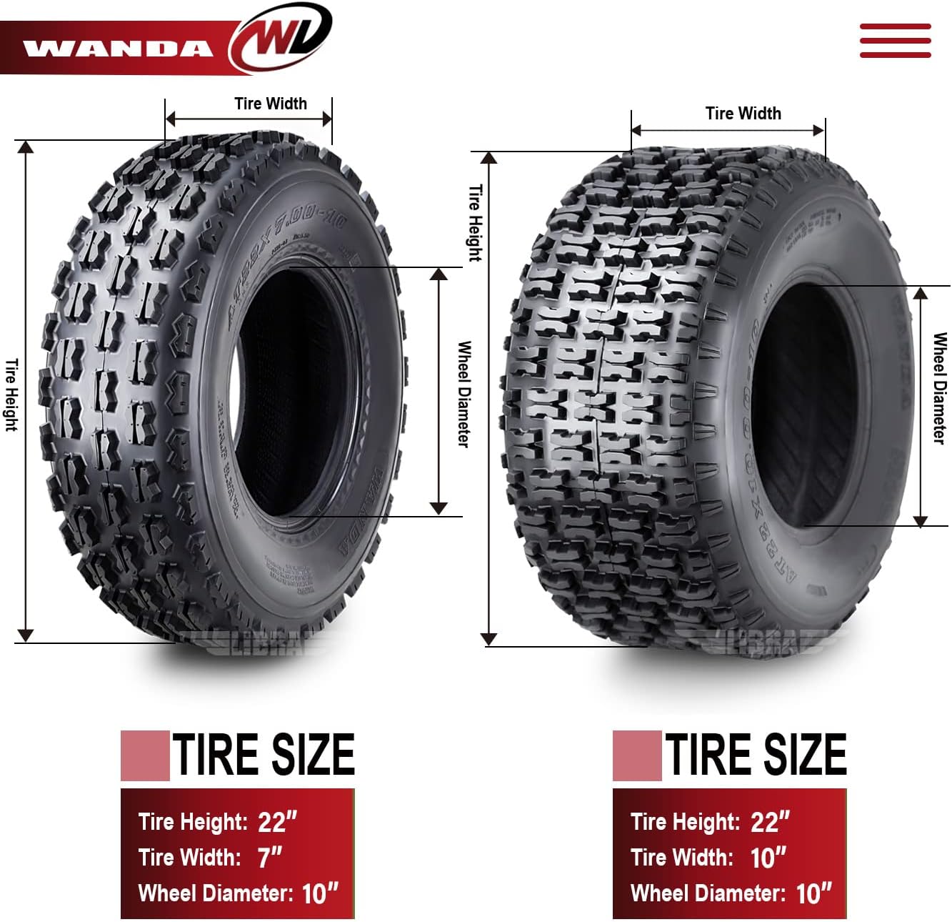 WANDA 4 Sport ATV Tires 22x7-10 Front 22x10-10 Rear 4PR