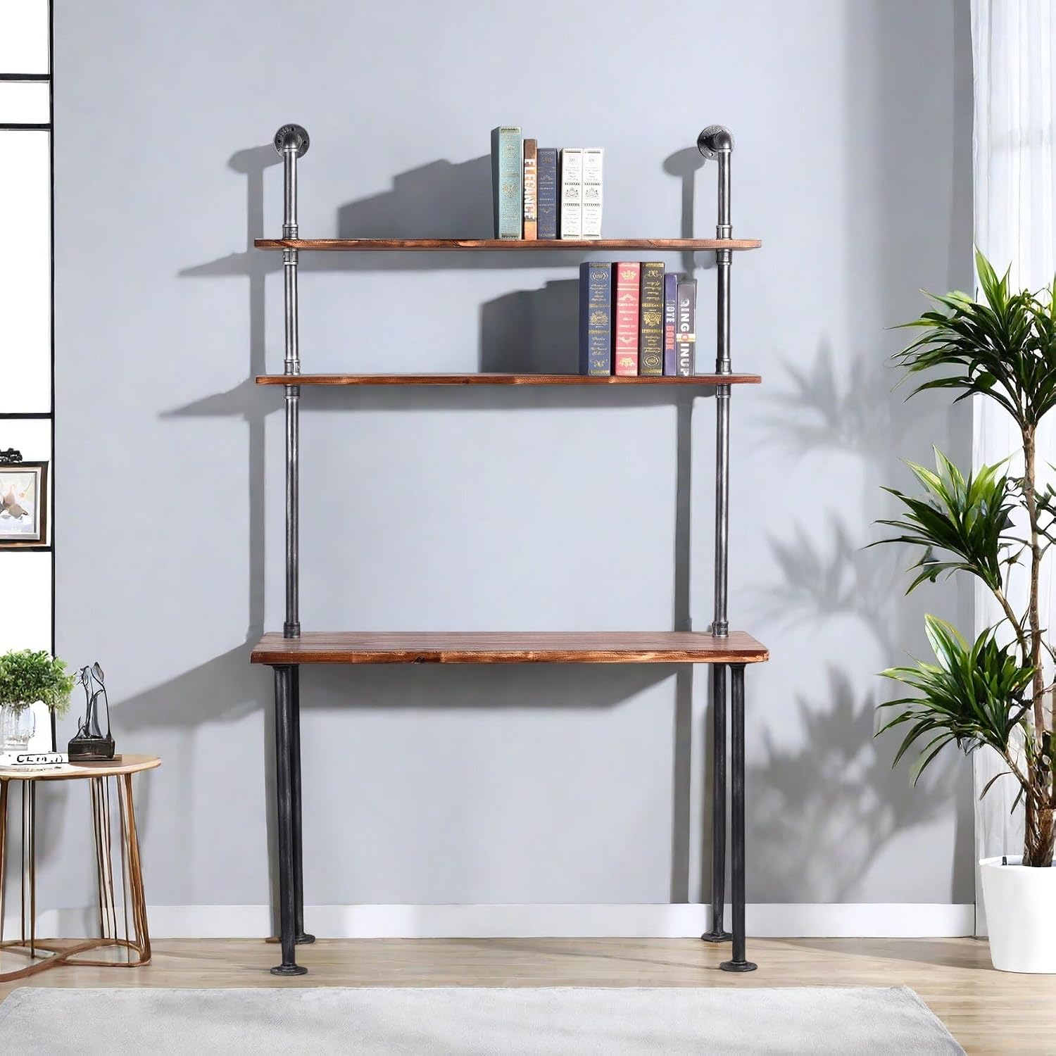 Industrial Pipe Desk with 3 Tier Shelves, Rustic Solid Wood Writing Workstation, Sturdy Metal Frame for Home Office Study Living Room Decor(40" L)