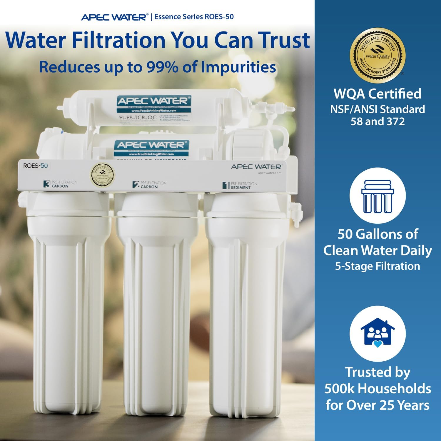 APEC Water ROES-50, 5-Stage Under Sink Reverse Osmosis System, 50 GPD | NSF Certified 372 & 58, Reduces 99% of Impurities, DIY Installation