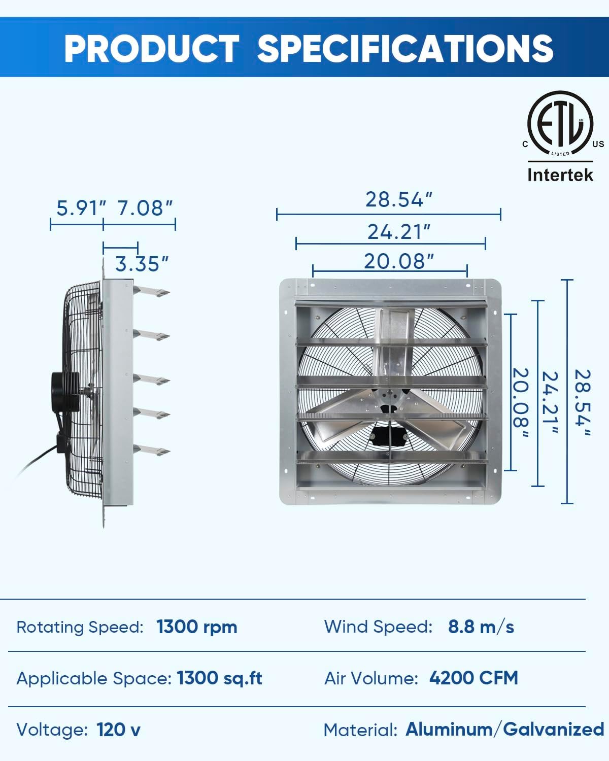 KEN BROWN 12 Inch Shutter Exhaust Fan Wall Mounted, Aluminum with 1.65 Meters Power Cord Kit, High Speed 1450CFM, Vent fan for Commercial, Greenhouse
