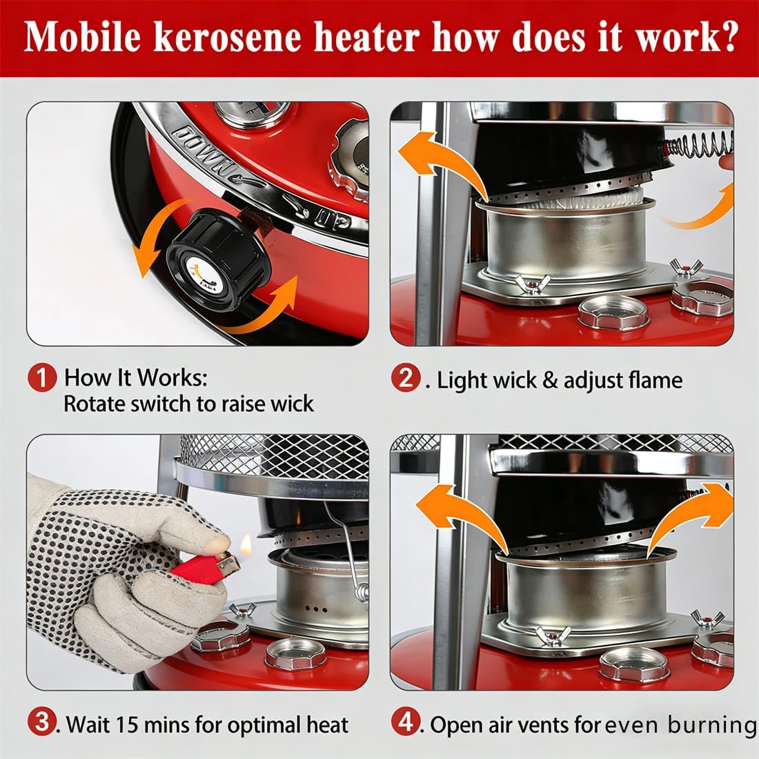 Indoor Heater Non-Electric, 9000 BTU Portable Kerosene Heater for Indoor & Outdoor Use, with Cooking Function, 6 Wicks & Bag, Height Adjustable for Camping, Emergency Heat & Survival (Black)