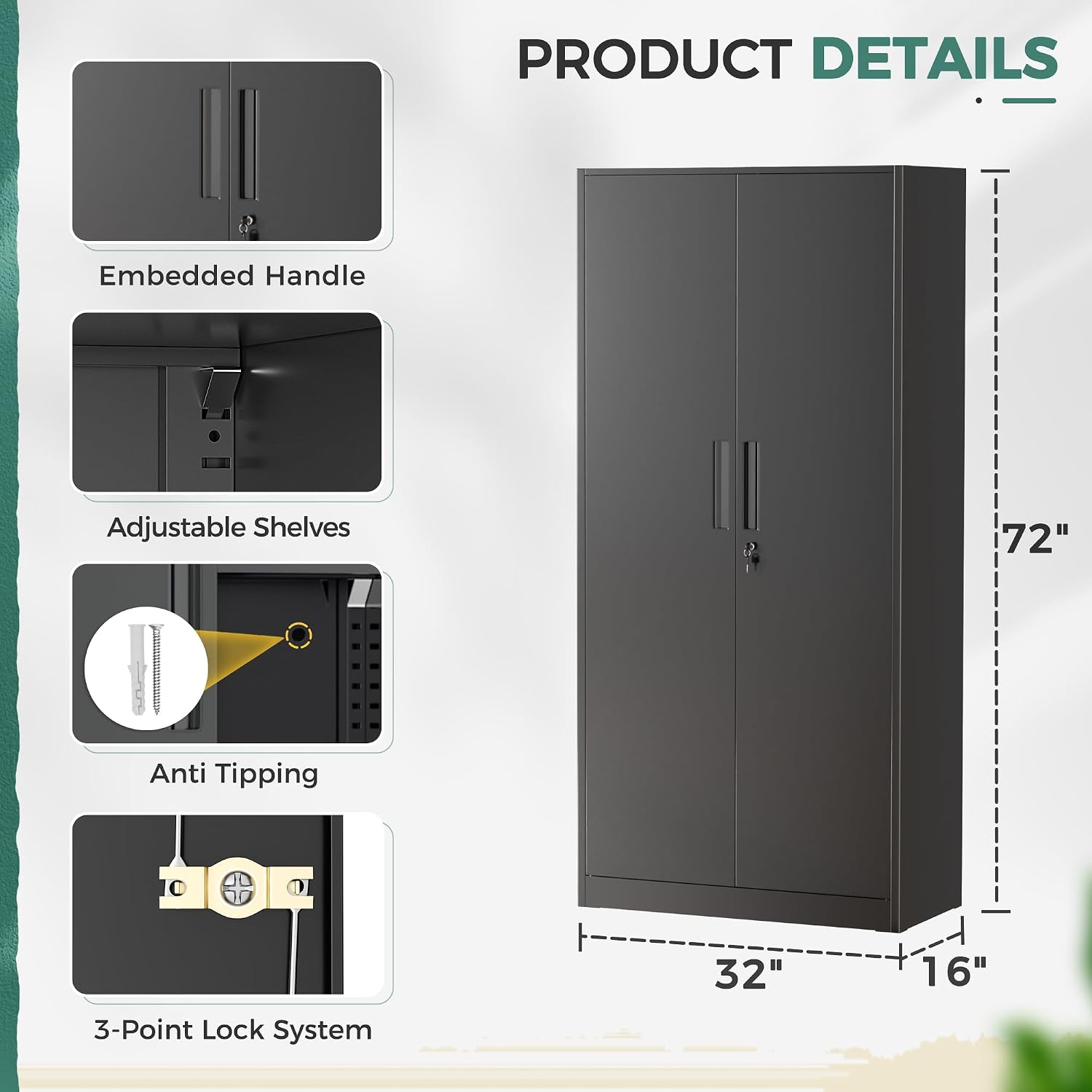 Greenvelly Steel SnapIt Storage Cabinet, 72" Locking Metal Garage Storage Cabinet with 4 Adjustable Shelves, 2 Doors and Lock for File, Office, Garage