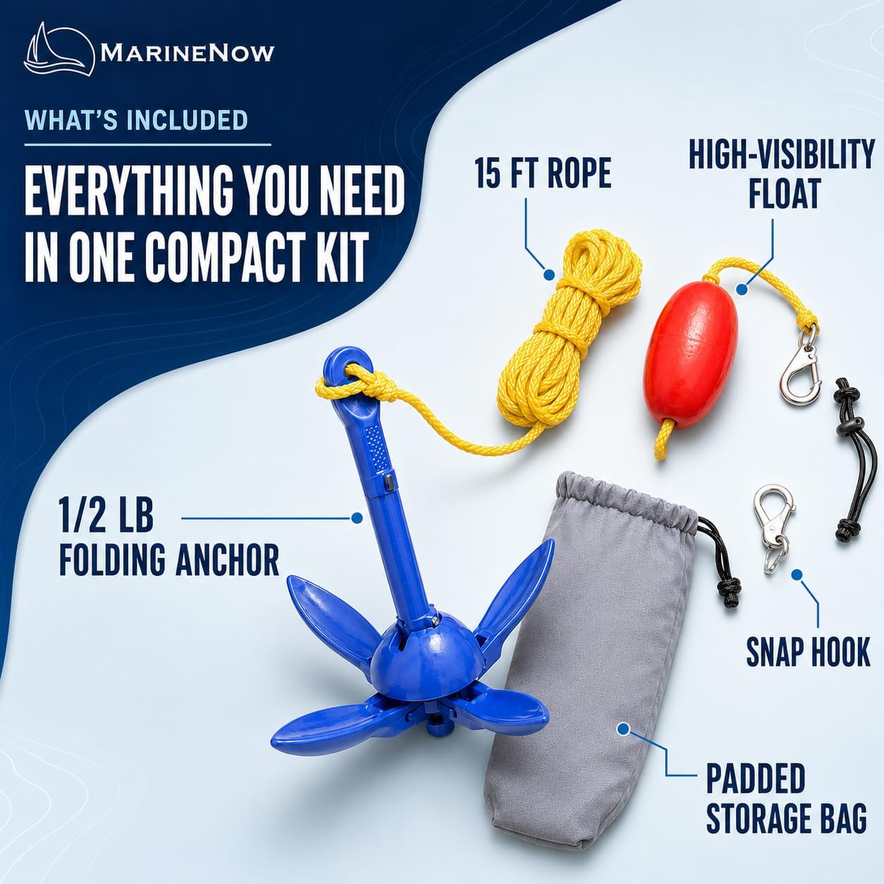 1/2 lb Aluminum Folding Grapnel Anchor Kit with 15 ft Marine-Grade Rope, Float, Snap Hook & Padded Bag for Inflatable Boats, Canoes, & Float Tubes
