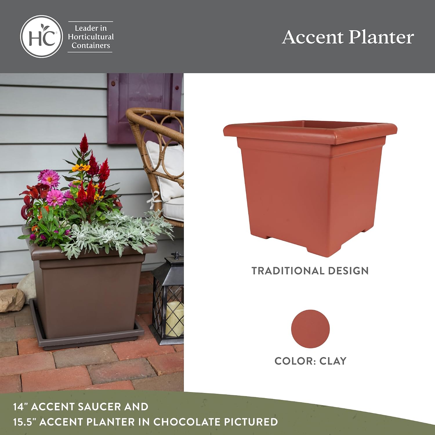 The HC Companies Accent Square Plant Pot w/Drainage - Classic Planters for Outdoor Plants & Indoor Plants - Lightweight & UV-Resistant Square Planter Box (15.5”, Sandstone, Pack of 1)