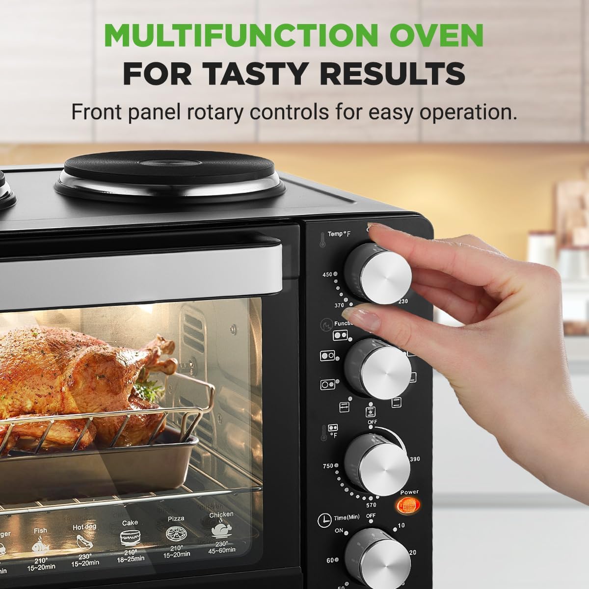 NutriChef 30 Quart Kitchen Convection Oven & 2 Burner Cooker - 1500 Watt Oven - 7 Cook Functions Rotisserie, Cook, Bake