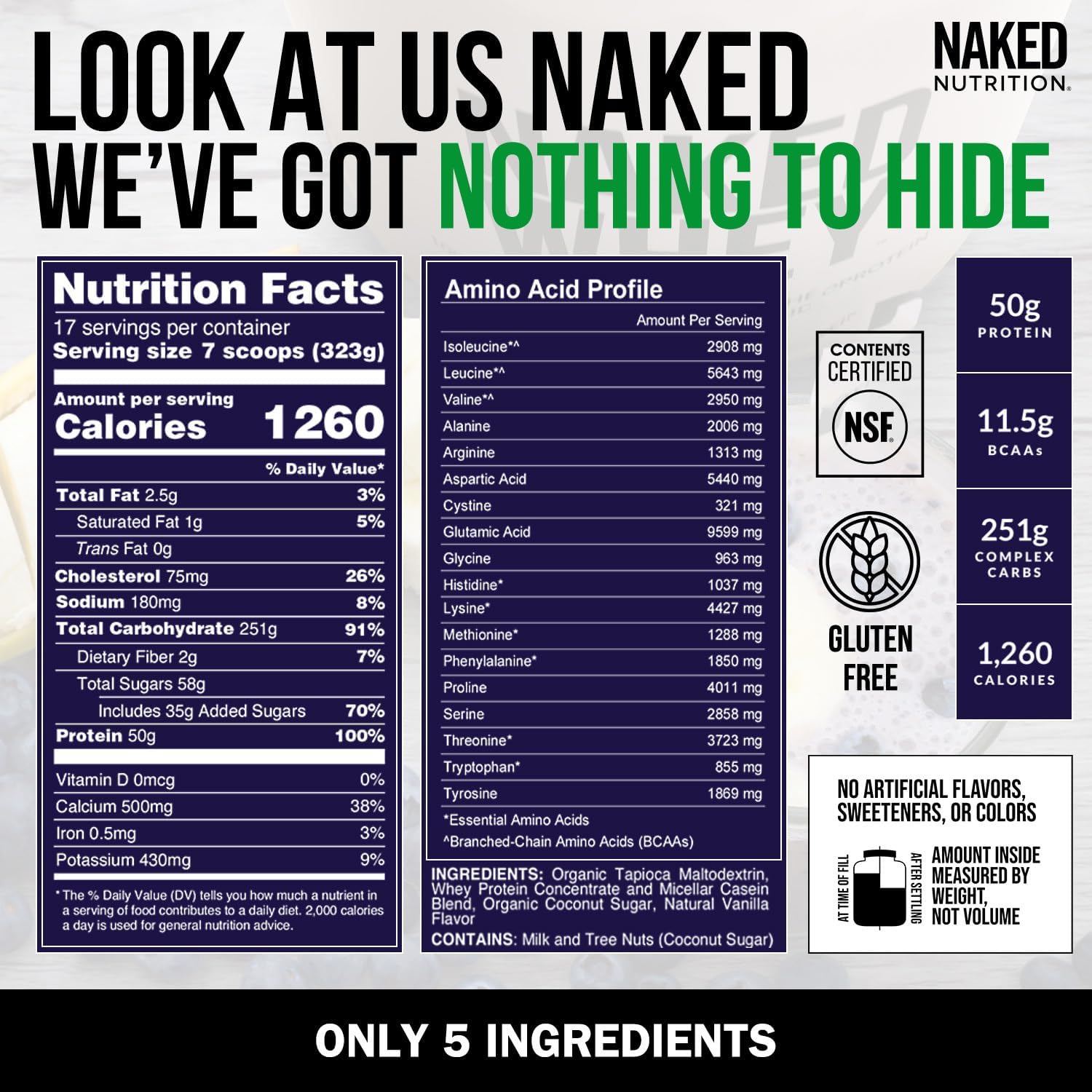 NAKED Mass - Natural Weight Gainer Protein Powder - 8 LB Bulk, NSF Certified, GMO Free, Gluten Free & Soy Free. No Artificial Ingredients - 1,250 Calories per Serving