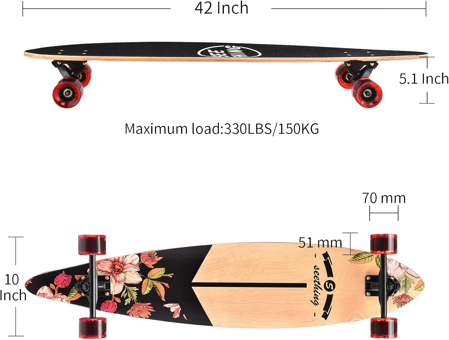 seething 42 Inch Longboard Skateboard Complete Cruiser Pintail, The Original Artisan Maple Skateboard Cruiser Pintail for Cruising, Carving