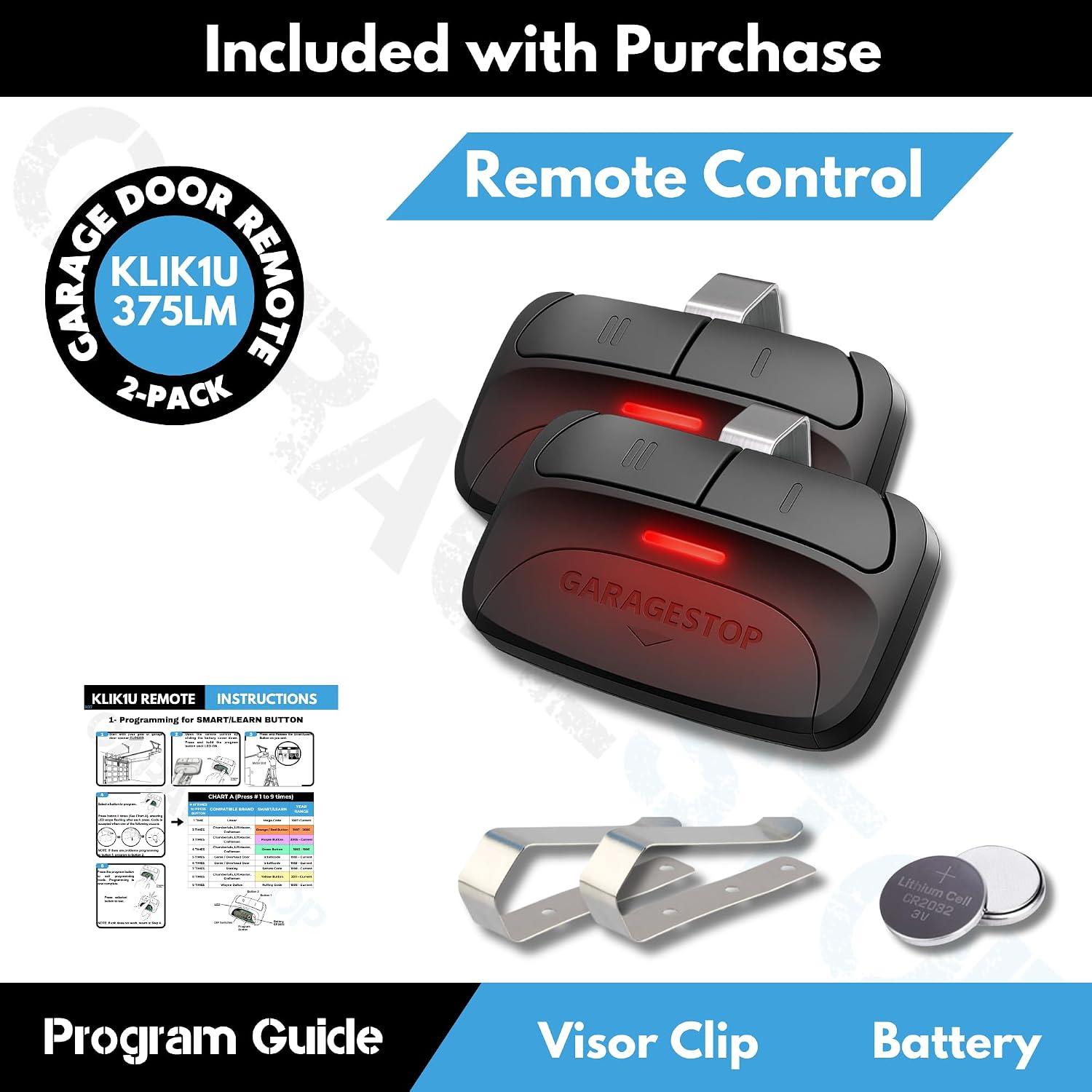 2X Universal Garage Door Opener Remote KLIK1U 375UT 375LM Garage Clicker
