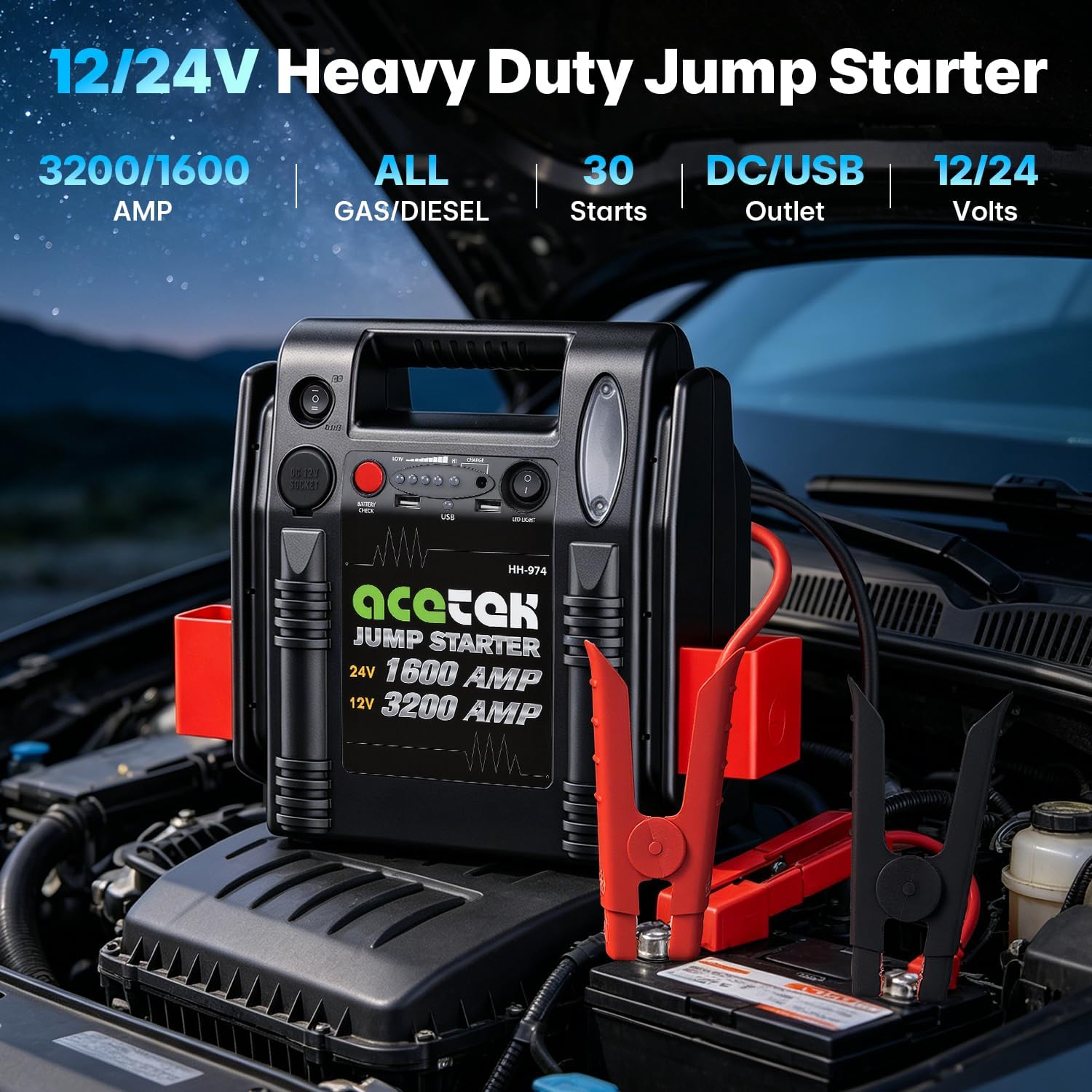 24V / 12V Jump Starter, acetek 1600/3200 Peak Amp Battery Jump Starter for Truck Car Tractor Excavator