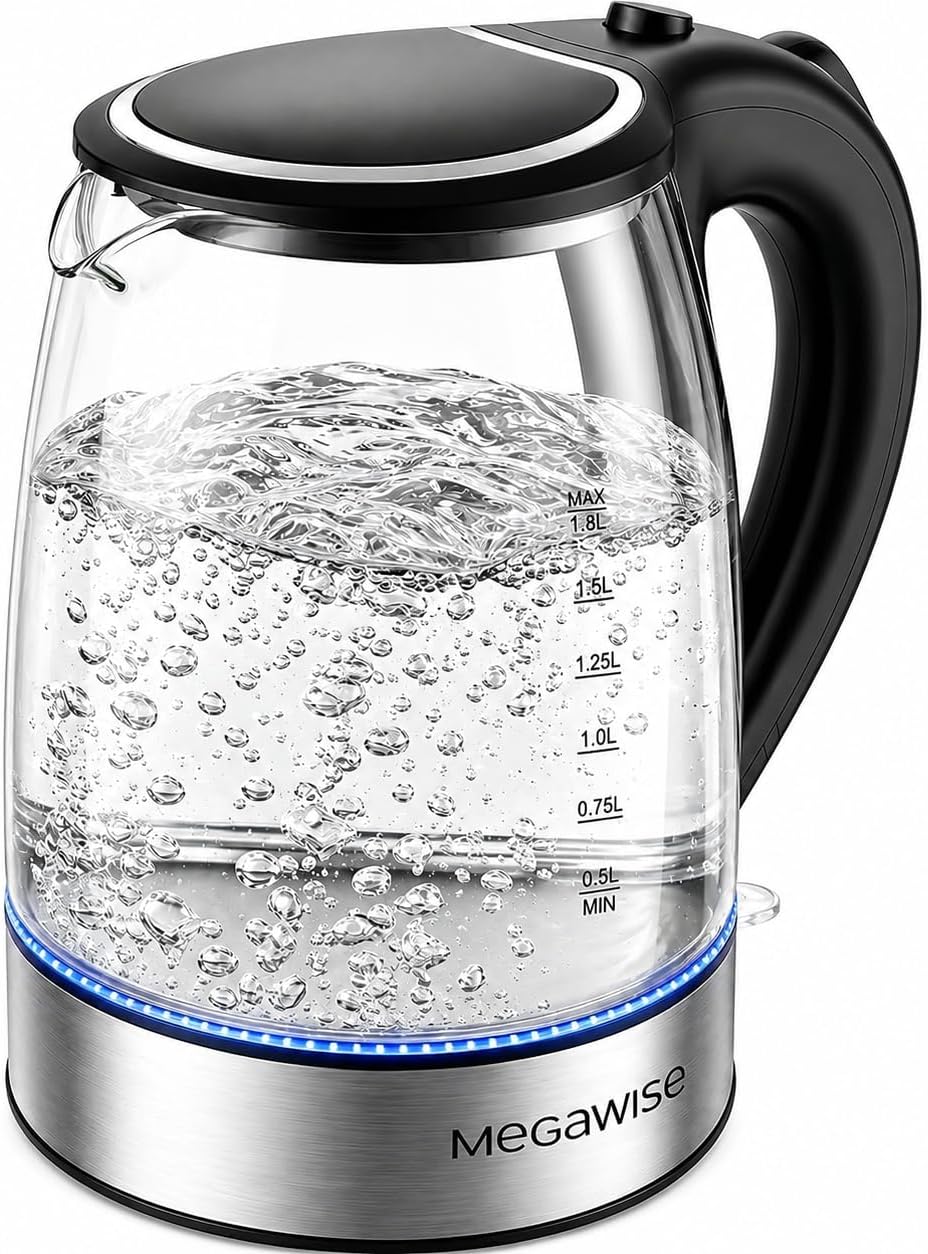 MEGAWISE 1.8L Electric Glass Kettle with Auto Shut-Off and Blue LED