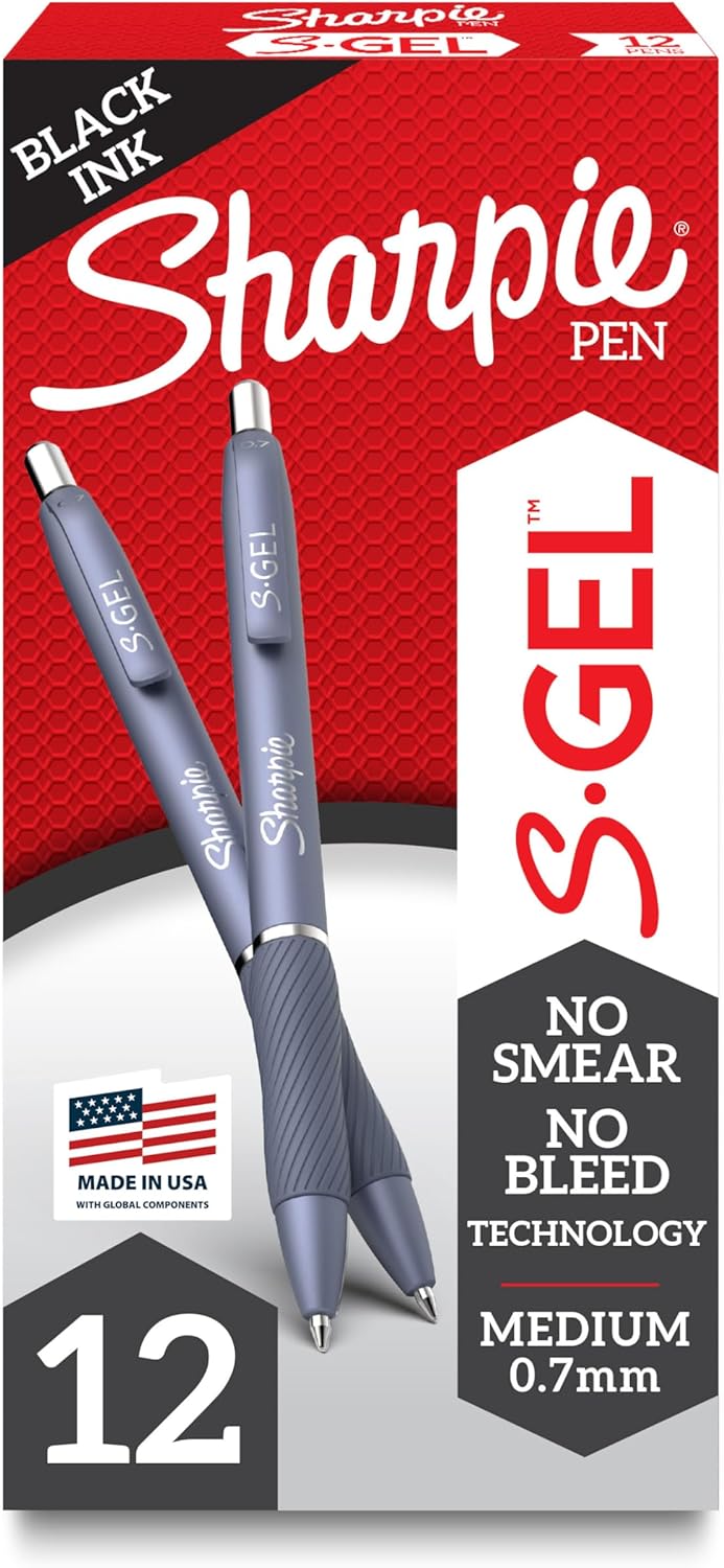 Sharpie S-Gel Gel Pens, Pearl White Body, Black Ink, Medium Point (0.7mm), 12 Count - For Journaling, Writing, Note-Taking, School, Office Supplies