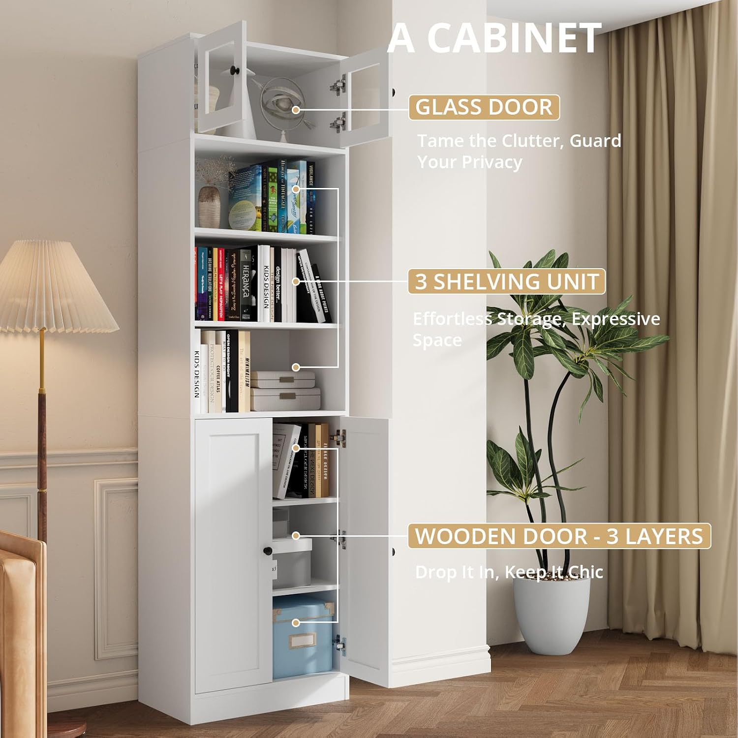 TUSY 85.5 Inch Tall Bookshelf with Doors - 7 Tier Bookcase with Glass Doors and Drawer, 23.6" Wide Storage Cabinet with Open Shelves for Living Room, White Book Shelf for Home Office, Study (AAAA)