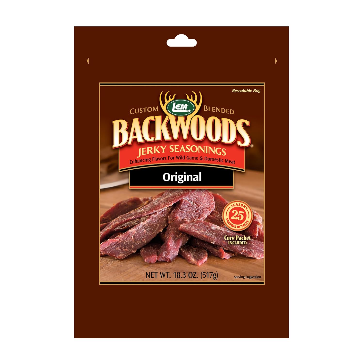 LEM Products Backwoods Original Jerky Seasoning, Ideal for Wild Game and Domestic Meat, Seasons Up to 25 Pounds of Meat, 18.3 Ounce Packet with Pre-Measured Cure Packet Included