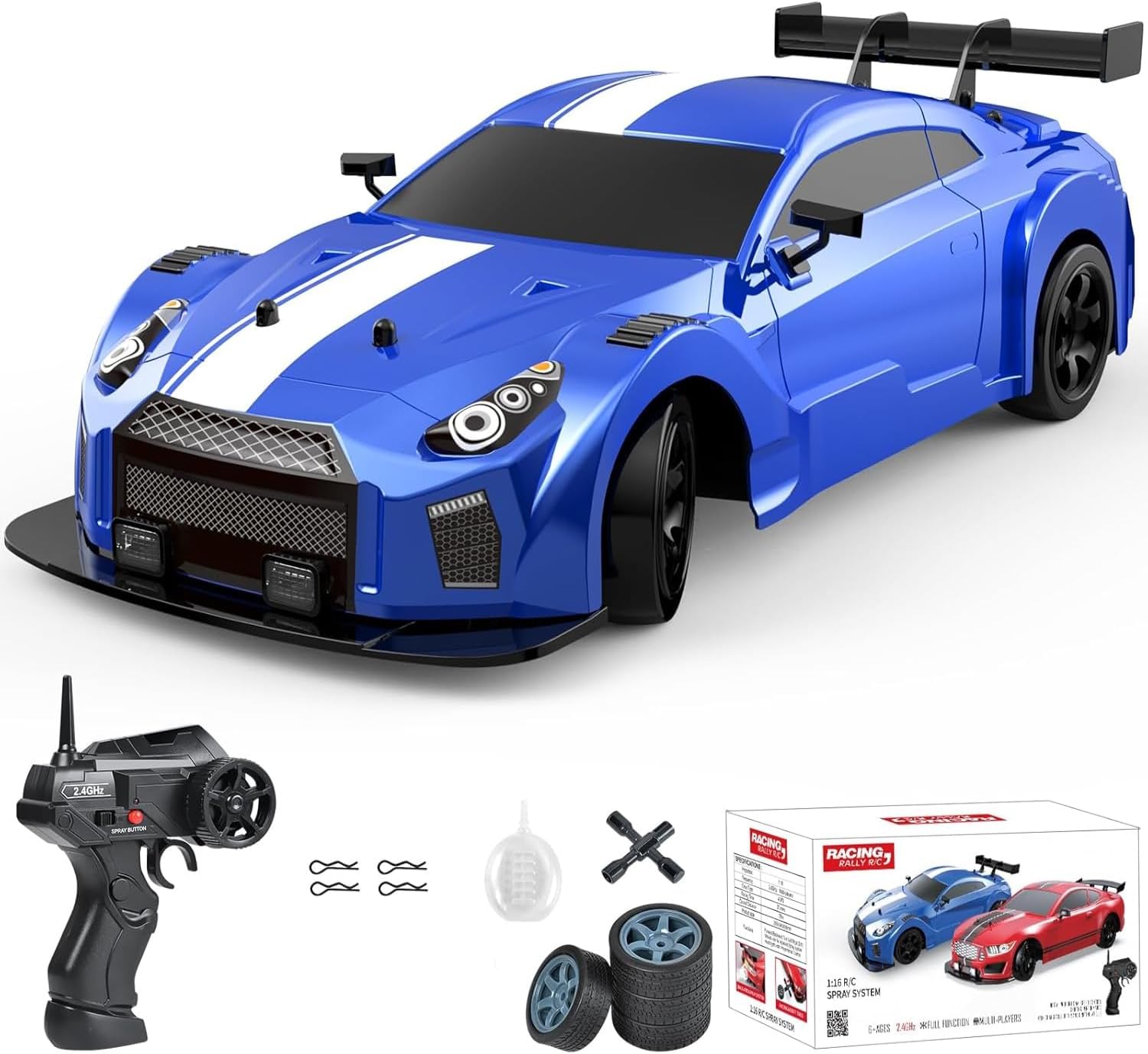 Dollox RC Drift Car 1/16 Scale Remote Control Car 2.4GHz 4WD High Speed 18+KM/H Race Car with LED Light and Spray, Extra Drifting Tires Racing Vehicle Toy Birthday Gifts for Adults Boys, 2 Batteries