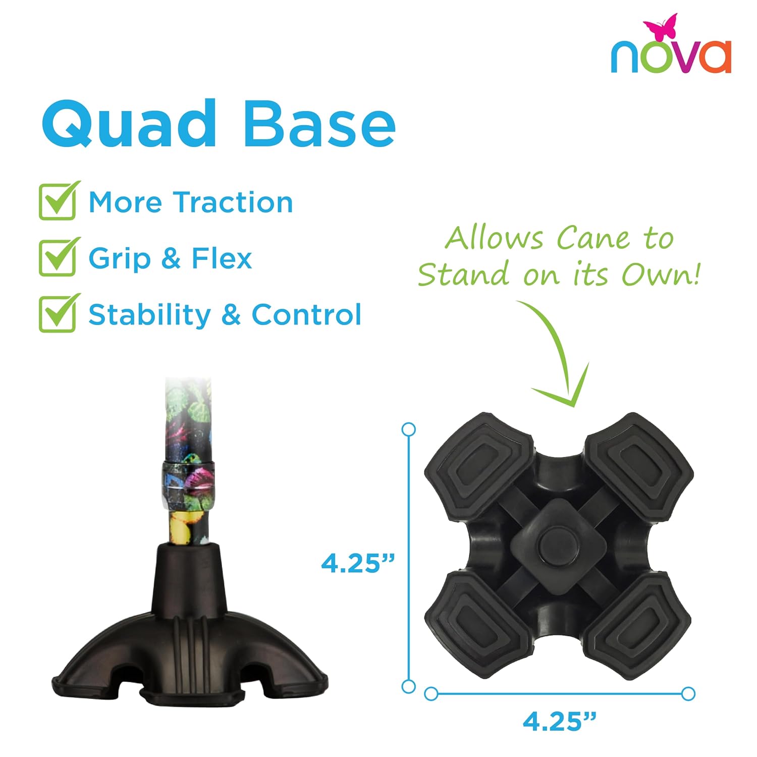 Nova Joy Designer Offset Quad Cane for Seniors - Unisex Adjustable Lightweight Walking Aid with Foam Handle, Wrist Strap and Anti-Rattle Lock - Essential Mobility Support - Maui Flowers