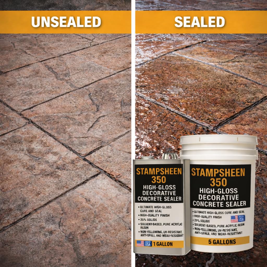 High Gloss Wet Look Decorative Concrete Sealer – Solvent-Based Acrylic Cure & Seal, UV-Resistant, Non-Yellowing Protective Film – Concrete & Paver Sealer for Outdoor Surfaces - Stampsheen 350 5gl