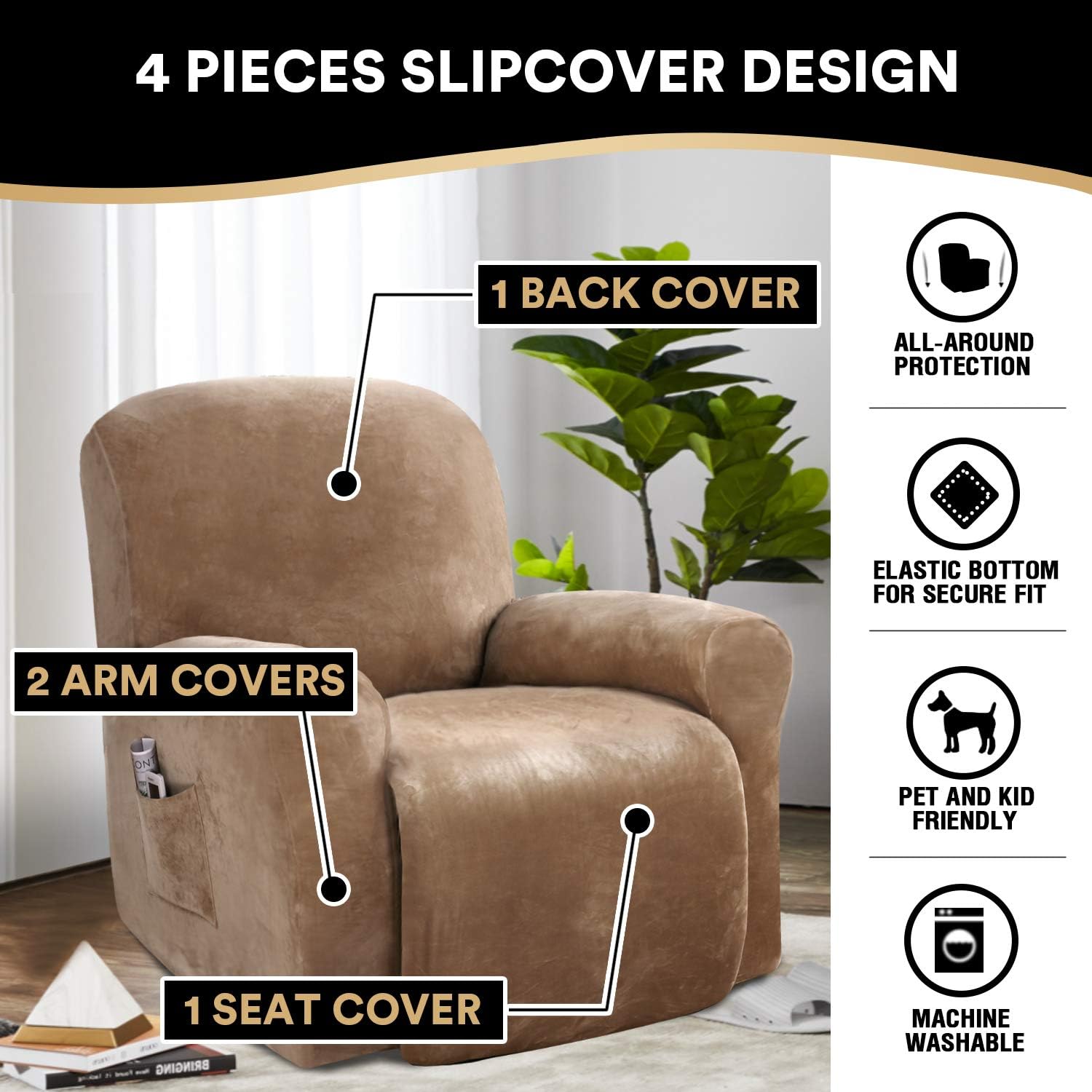 PrinceDeco Recliner Chair Cover Velvet Stretch Recliner Couch Covers 4-Pieces Style Recliner Chair Covers Recliner Cover for Reclining Chair