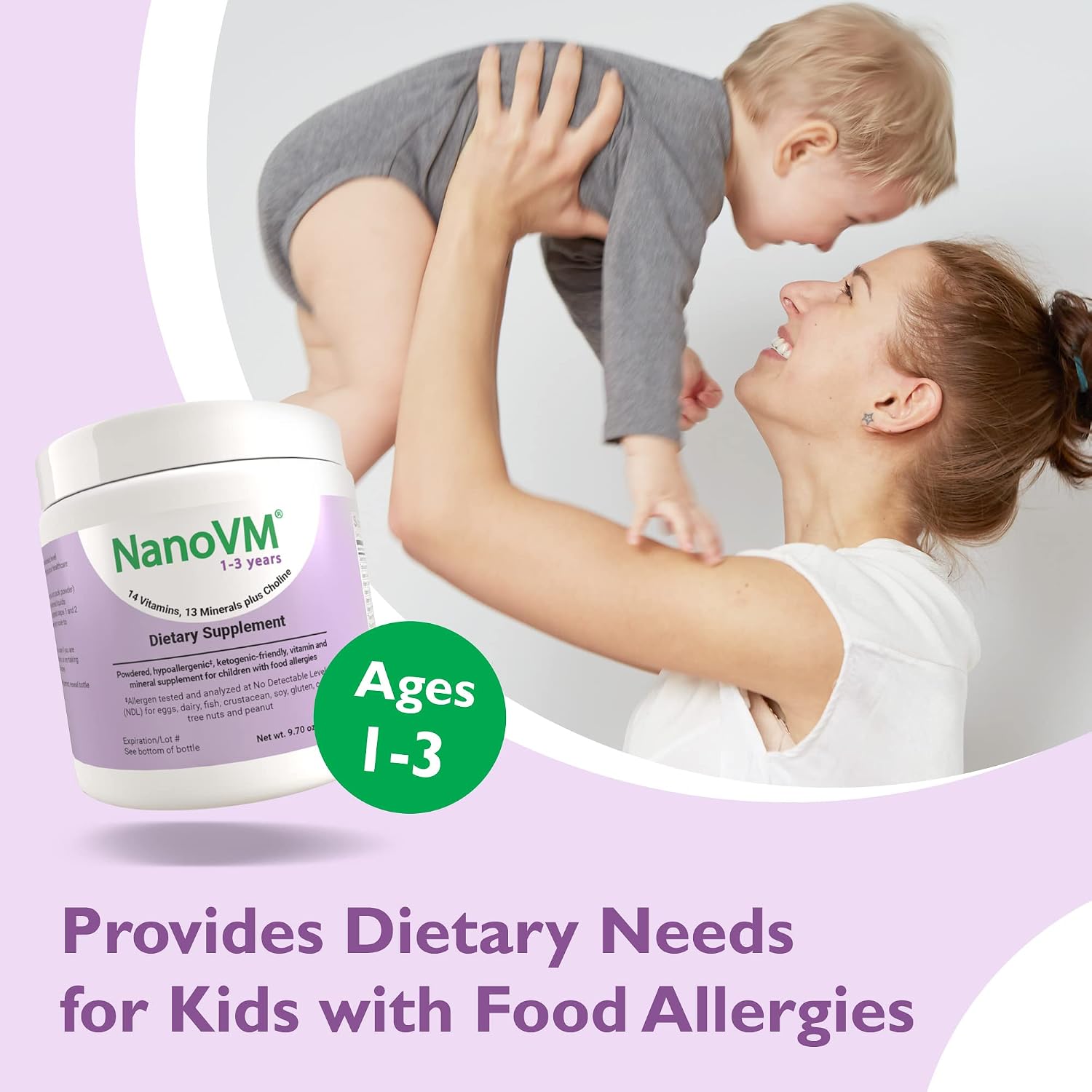 1-3 Years, Allergen-Free Multivitamin for Kids, Unflavored Dietary Supplement, Powdered Supplement with 14 Vitamins & 13 Minerals, Low-Carbohydrate Toddler Vitamins, 275g - Solace Nutrition