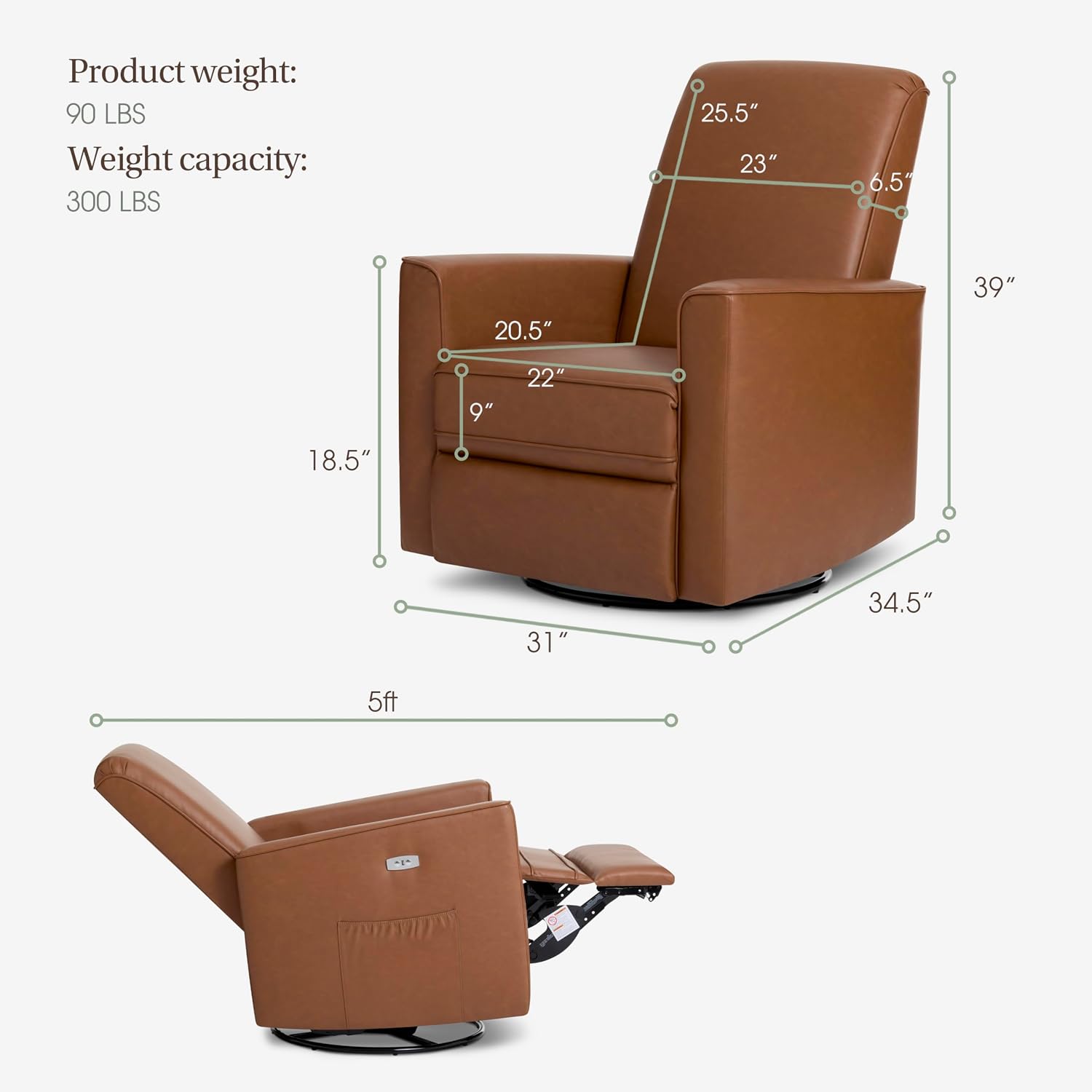 évolur Harlow Upholstered Power Glider Recliner with USB Charging – Rocking & 275° Swivel with Smooth Glide – Greenguard Gold & FSC