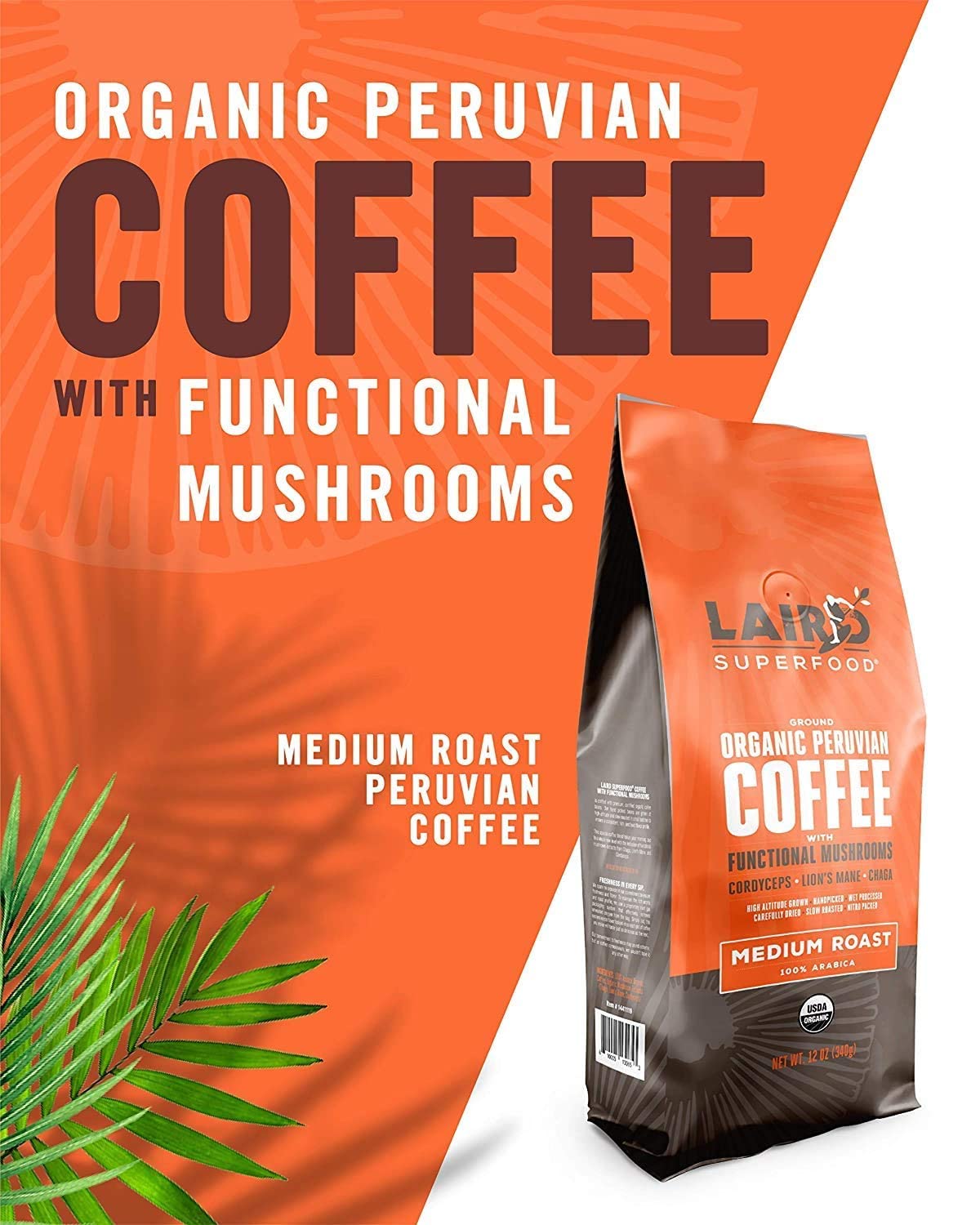Laird Superfood Peruvian Dark Roast Coffee with Functional Mushrooms, Certified Organic Peruvian Ground Coffee Beans, Gluten-Free, Dairy-Free, Non-GMO