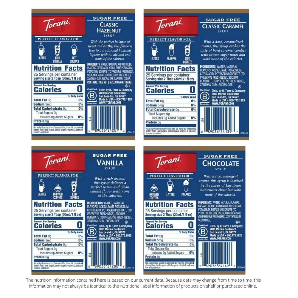Torani Sugar Free Drink Syrup Soda Flavors Variety Pack, 25.4 fl oz, 4 Pack