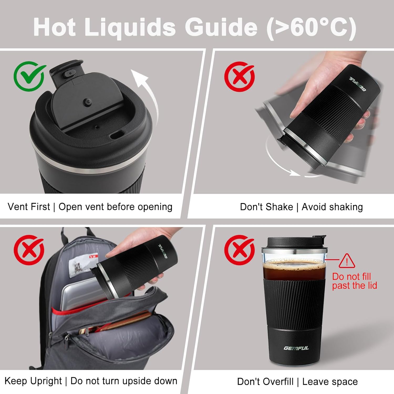 GEMFUL 2 Pack 17oz Insulated Travel Coffee Mug with Lid (Black/White)