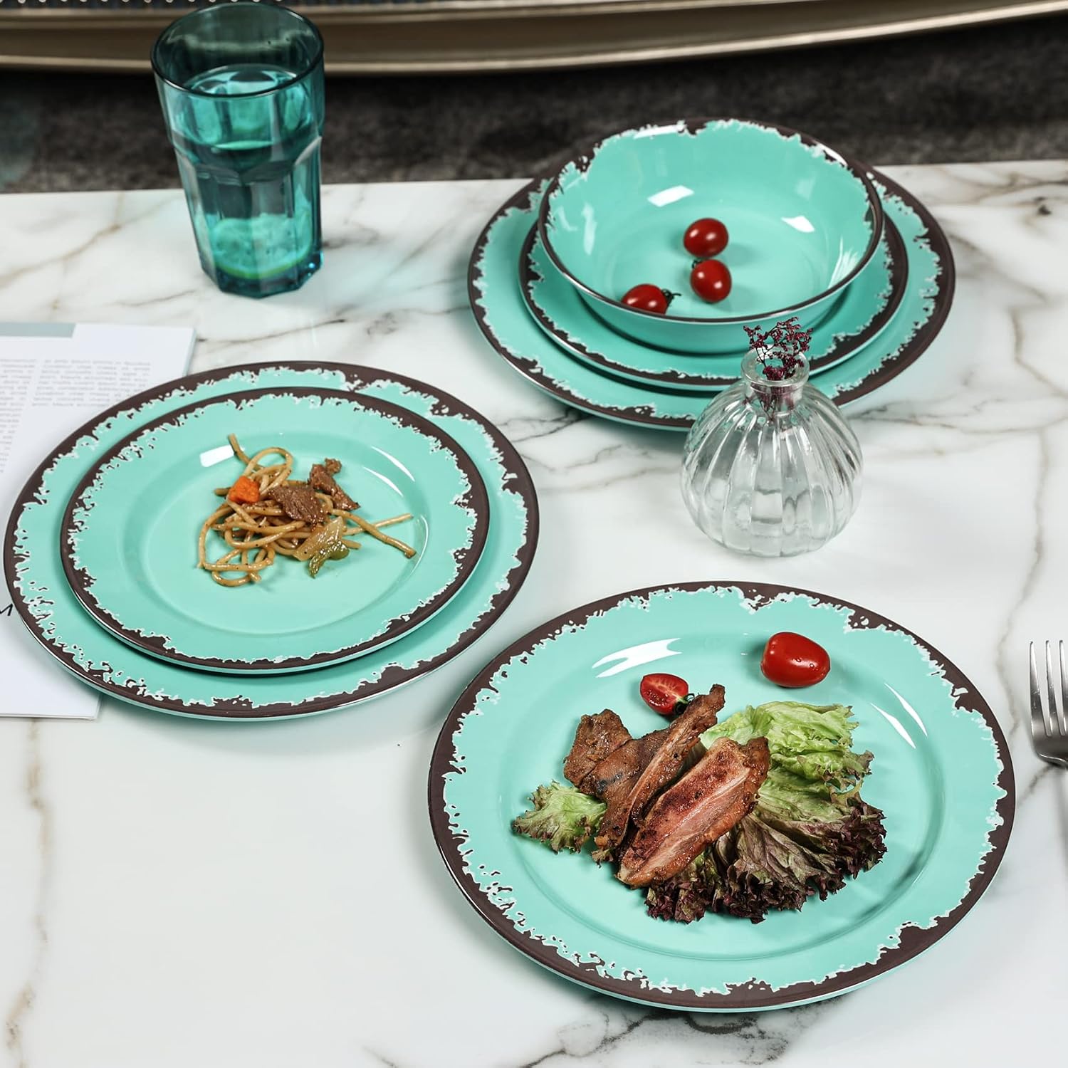 Rustic Melamine Dinnerware Set,12-Piece Plates and Bowls Sets,Yinshine Unbreakable Melamine Dish Set,Lightweight,Service for 4,Dishwasher Safe,Green