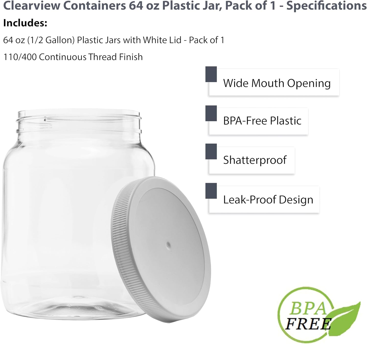 1 Pack - 128 oz (1 Gallon) Plastic Storage Jars with 110-400 Leak Proof Black Lids, Food Grade, BPA Free, Hand Wash Only (128oz, BLK, 1PK)