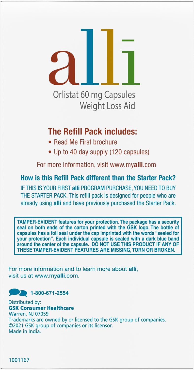 alli Weight Loss Diet Pills, Orlistat 60 mg Capsules, Non Prescription Weight Loss Aid, 120 Count Refill Pack (46925)