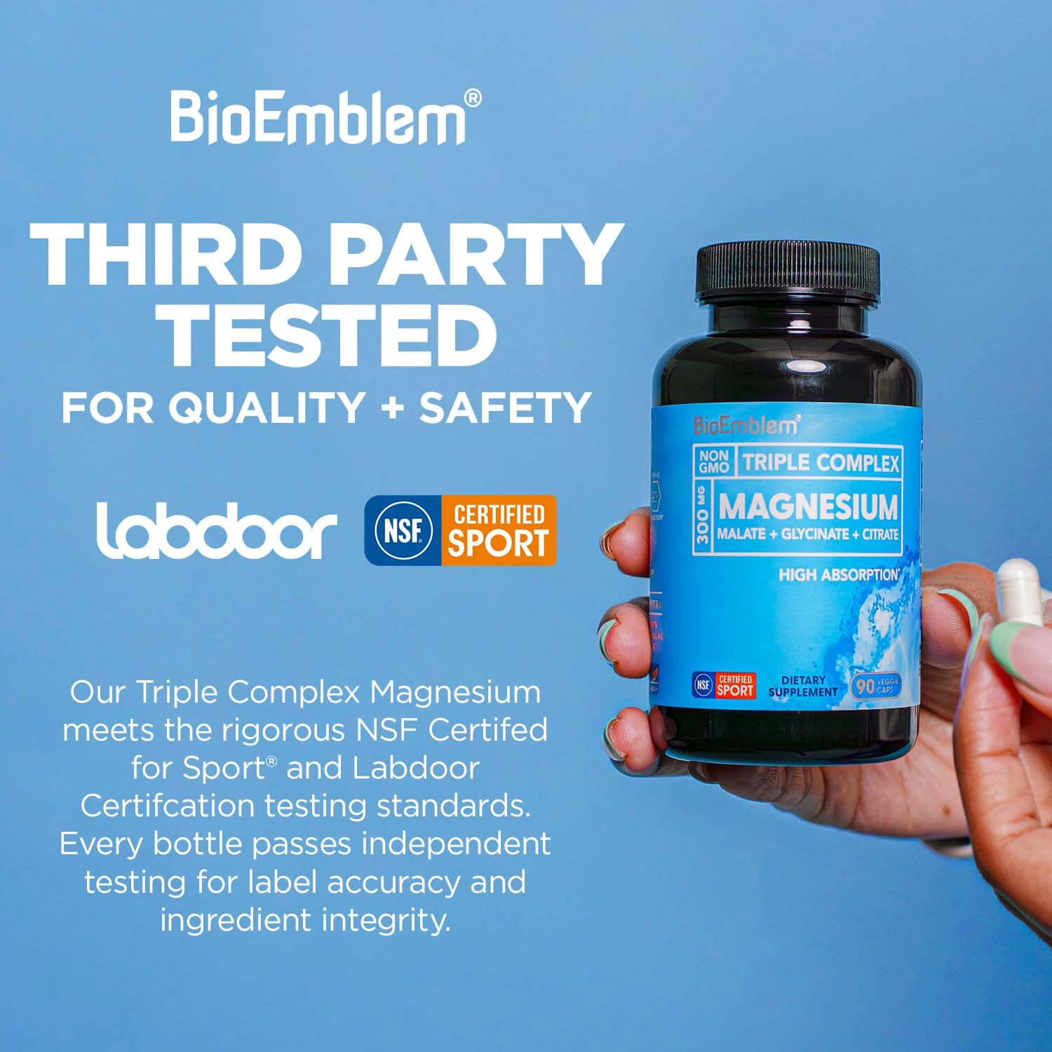 BioEmblem Triple Magnesium Complex | 300mg Magnesium Glycinate, Malate & Citrate | High Absorption Chelated Formula | Vegan, Non-GMO