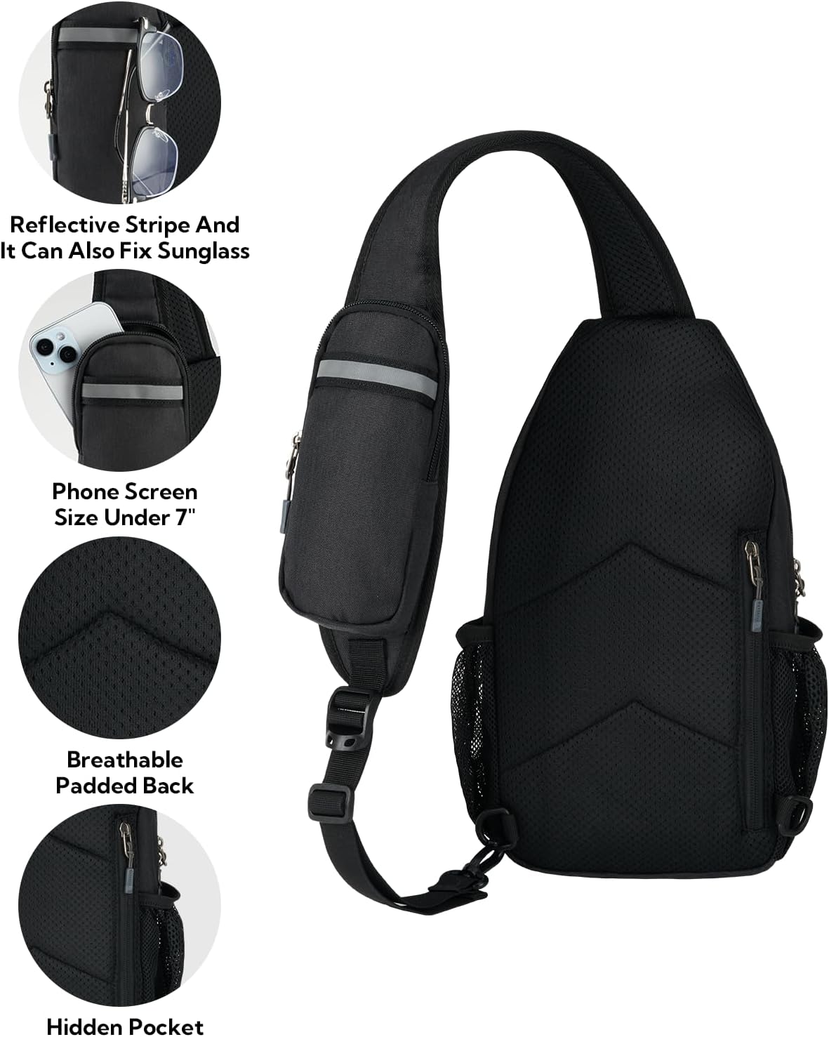 WATERFLY Crossbody Sling Backpack Sling Bag Travel Hiking Chest Bag Daypack (Black) | Small Hiking bag,Multi-compartment storage,Water-resistant,Breathable back pad,Reversible adjustable shoulder strap