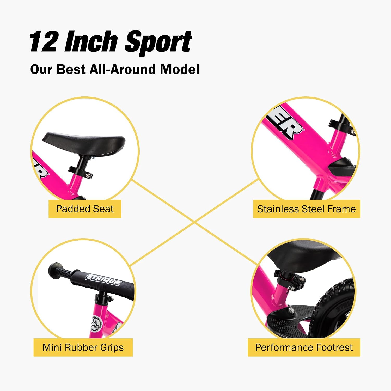 Strider 12 Sport Bike, Pink - No Pedal Balance Bicycle for Kids 1 to 4 Years - Includes Safety Pad, Padded Seat, Mini Grips, Flat-Free Tires -Easy Assembly, Tool-Free Adjustments | No-Pedal Balance Bike for Toddlers, Safety Pad, Adjustable Seat and Handl…