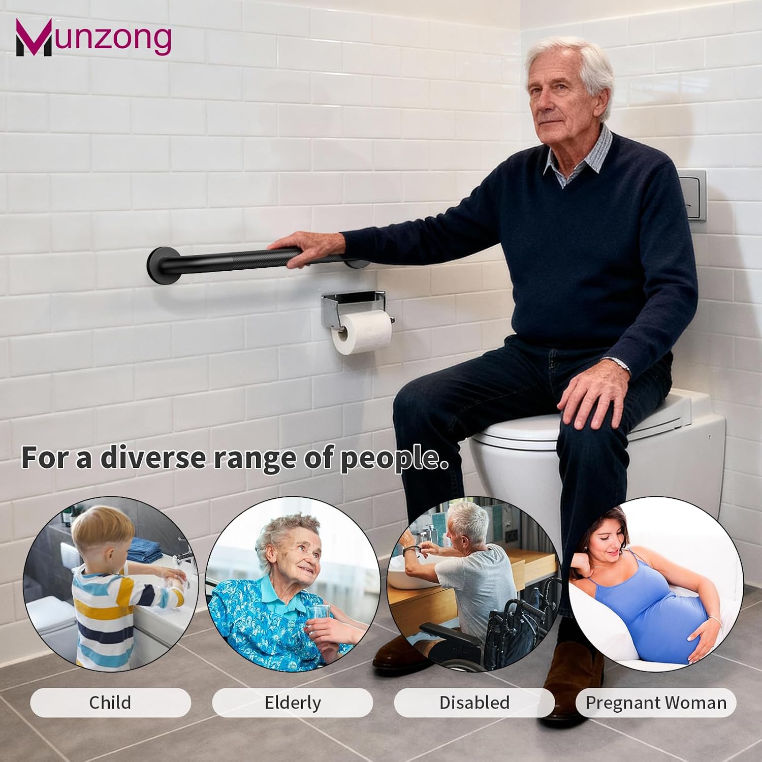 Munzong 3 Pack Commercial Handicap Grab Bars 18" 36" 42" Brushed Nickel | Bathroom Grab Bar for Shower 1.25" Diameter Anti Slip Bathroom Balance Bar Safety Hand Rail for Elderly Injury Senior