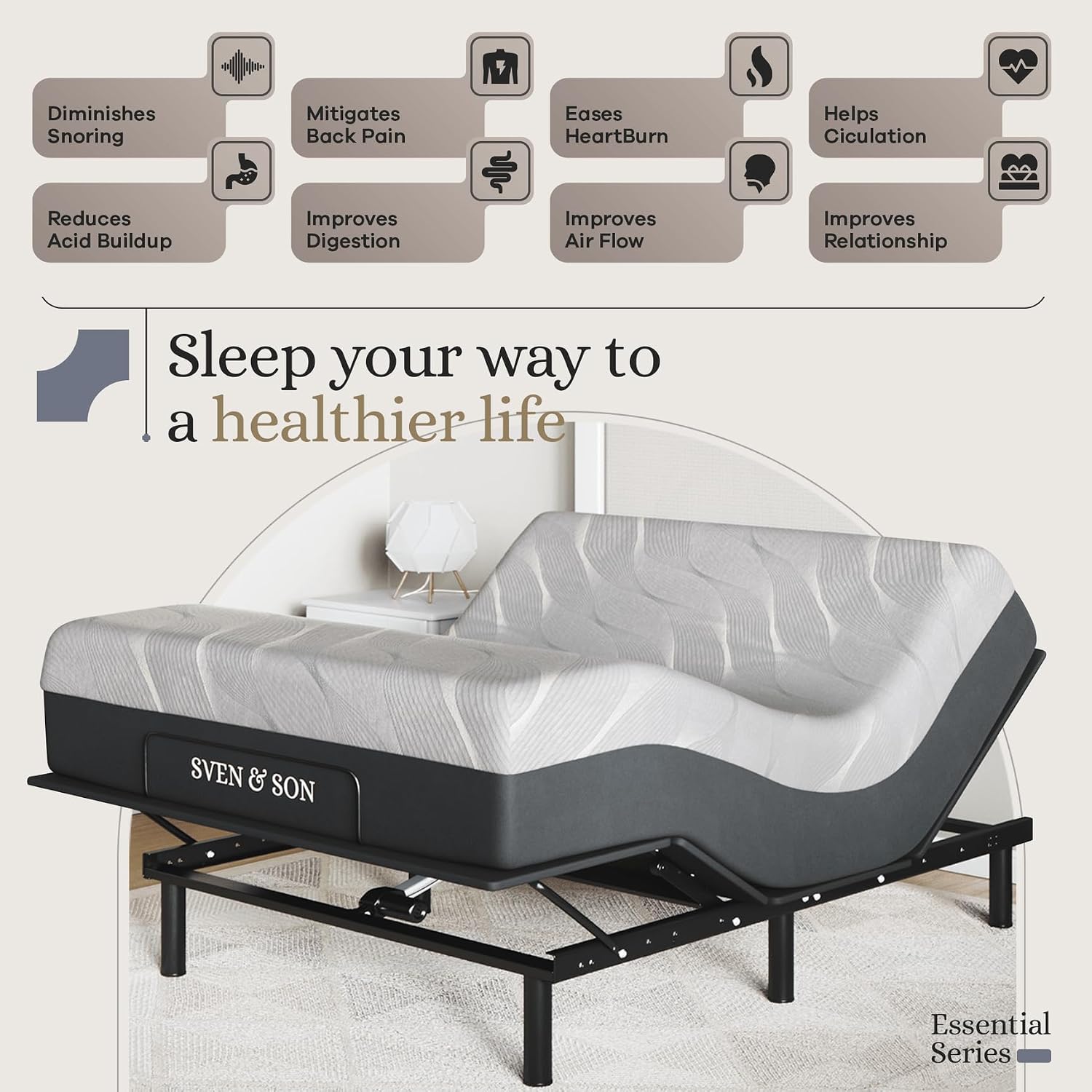 Sven and Son Essential Adjustable Bed Base (Frame) + 12 inch Memory Foam Matt (Medium), Easy Assembly, Head and Foot Lift, Memory Positions