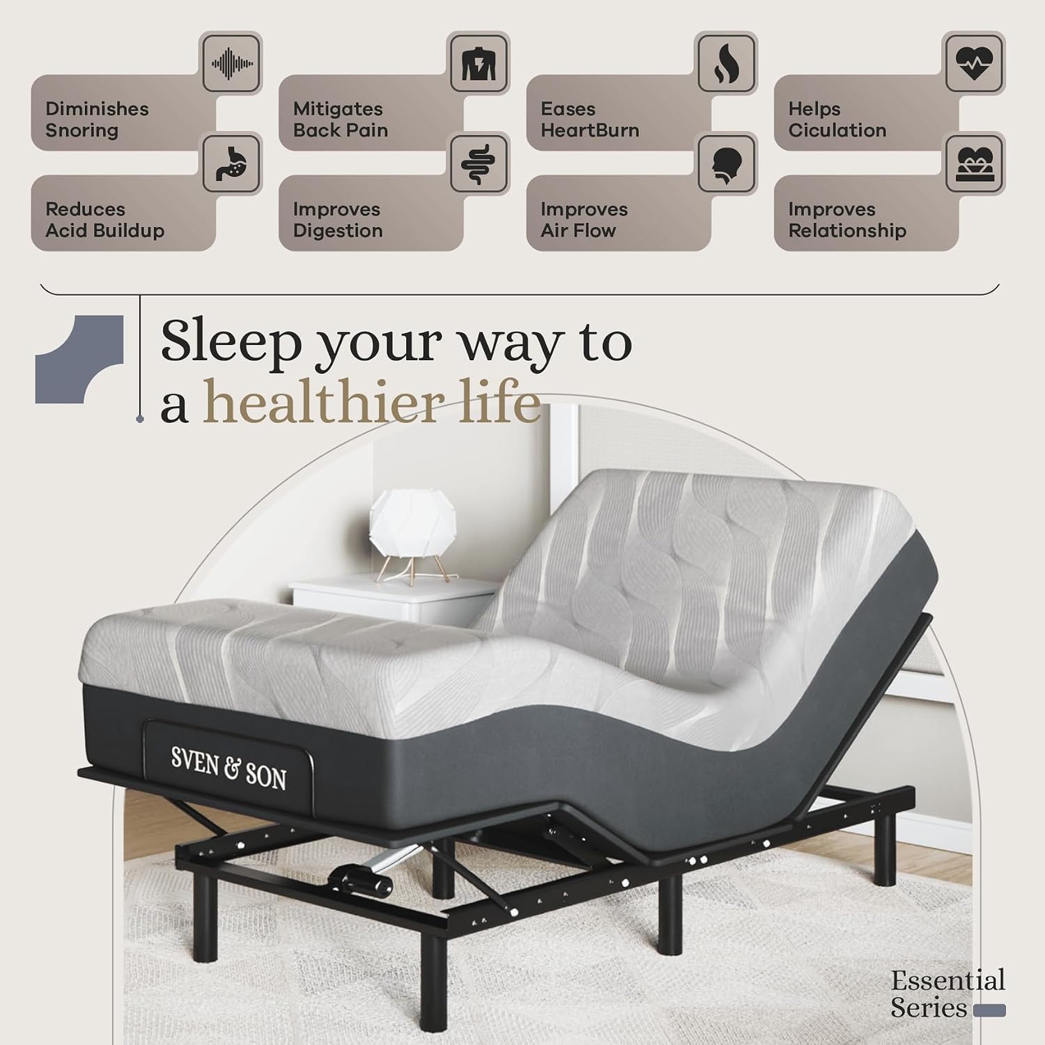 Sven and Son Essential Adjustable Bed Base (Frame) + 12 inch Memory Foam Matt (Medium), Easy Assembly, Head and Foot Lift, Memory Positions