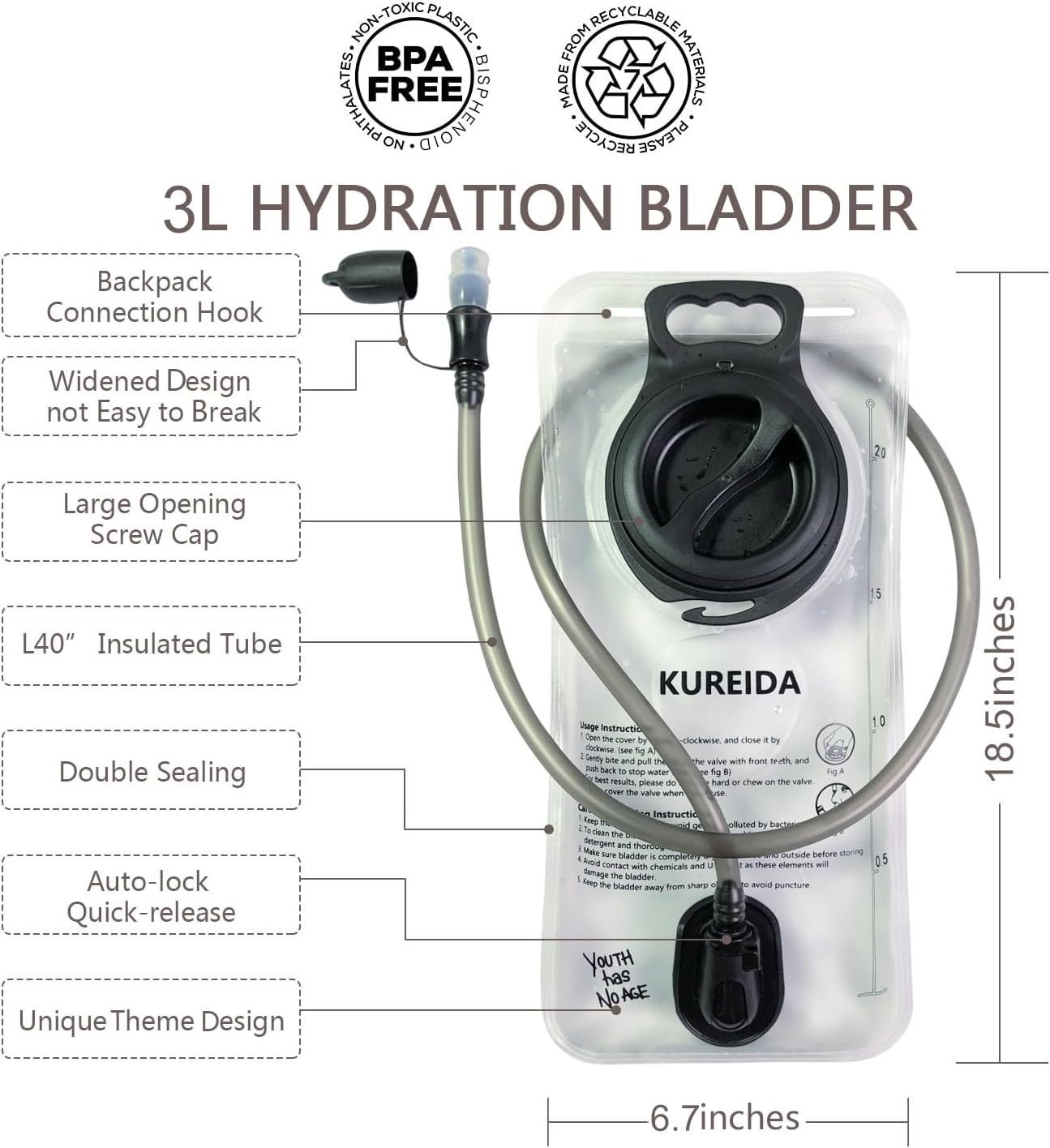KUREIDA Hydration Bladder 2L-3L, Leak Proof Water Reservoir, BPA Free, Wide Opening