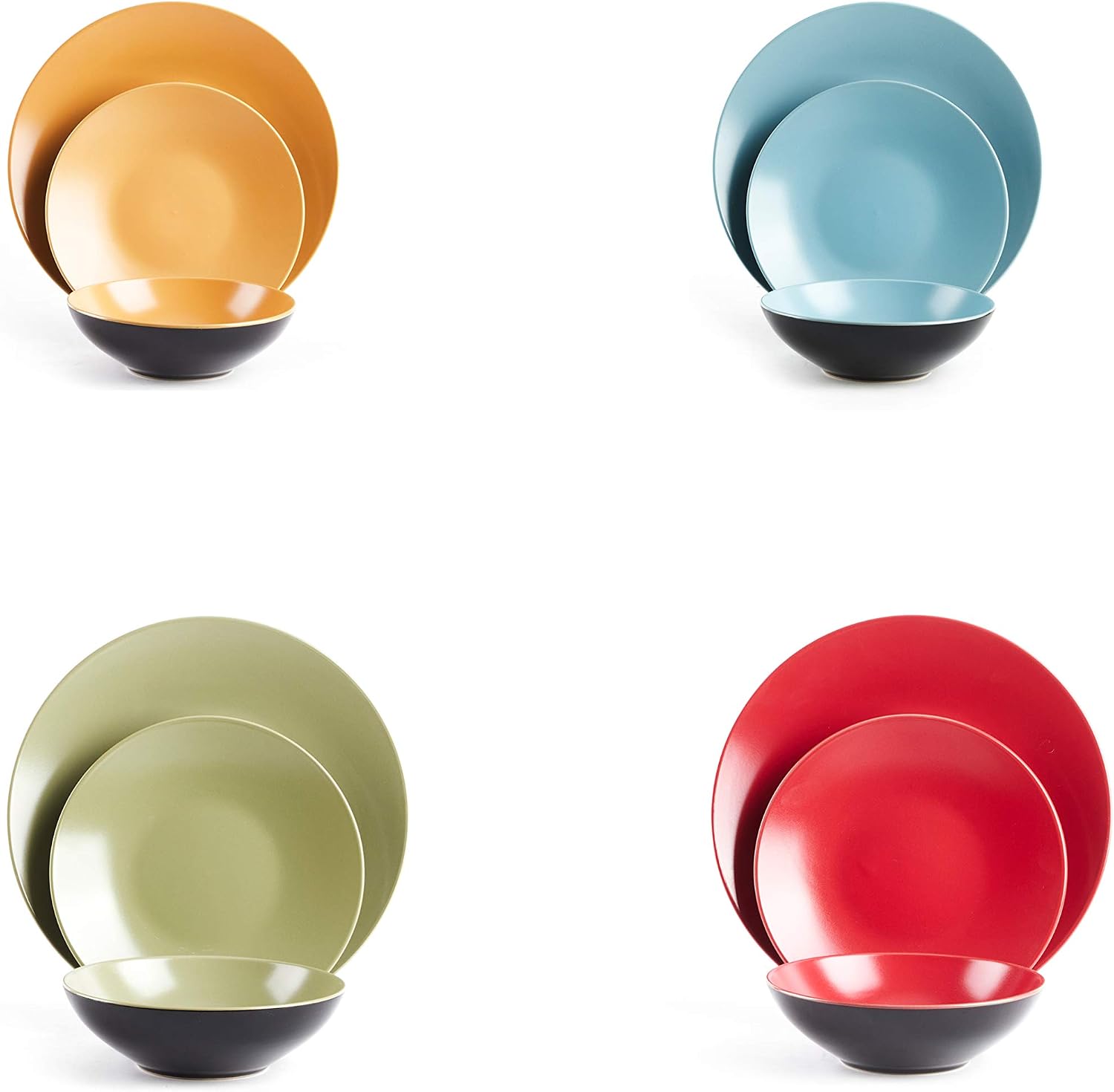 Stoneware Two-Tone Colors Life 16pc Dinner Set，Outside Shiny Black + Inside Matte Glaze Olive