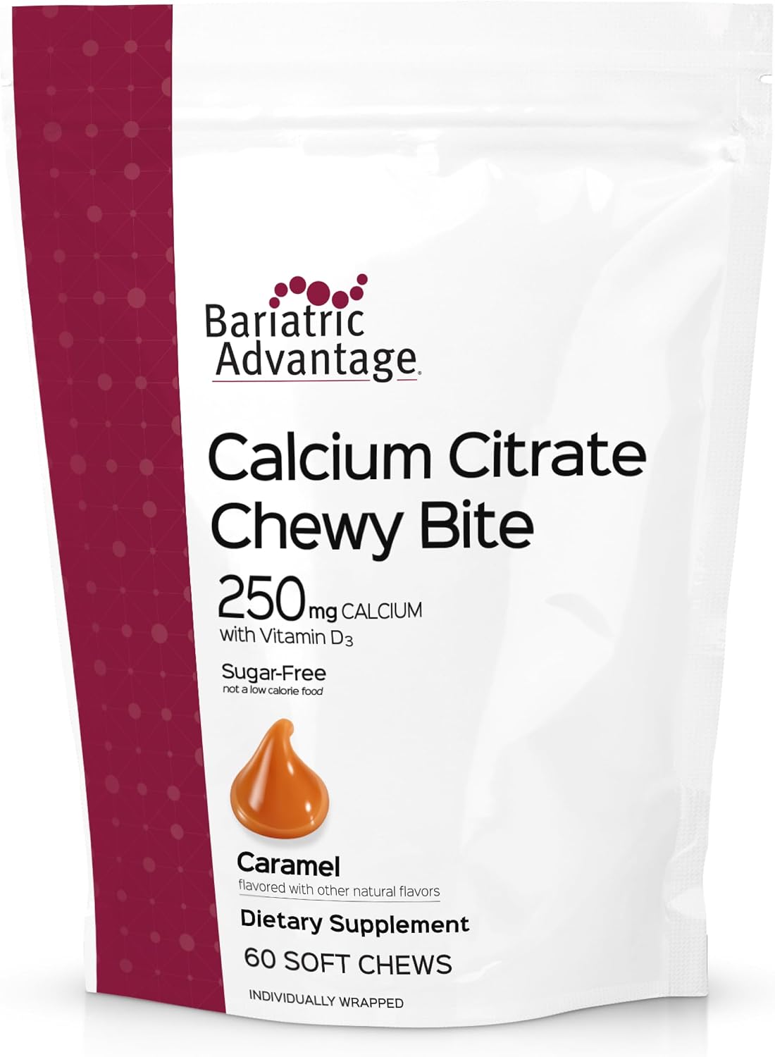 Bariatric Advantage Calcium Citrate Chewy Bites 250 mg with Vitamin D3 - Chewable Supplement for Bariatric Surgery Patients - Sugar-Free Calcium