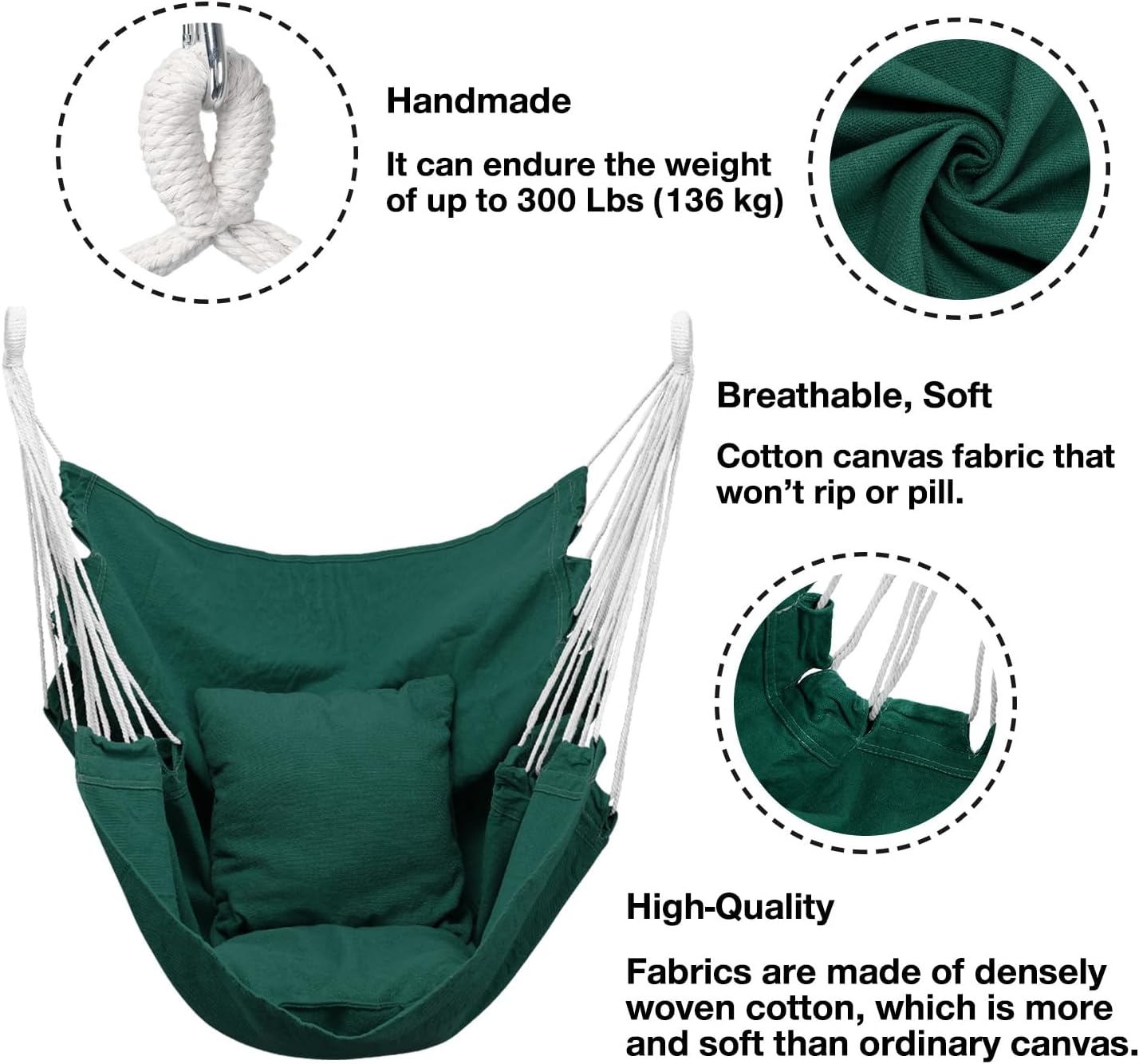 Hommtina Hammock Chair Hanging Rope Swing, Max 300 Lbs Hanging Chair with Pocket & Durability Perfect for Outdoor, Home, Bedroom, Patio
